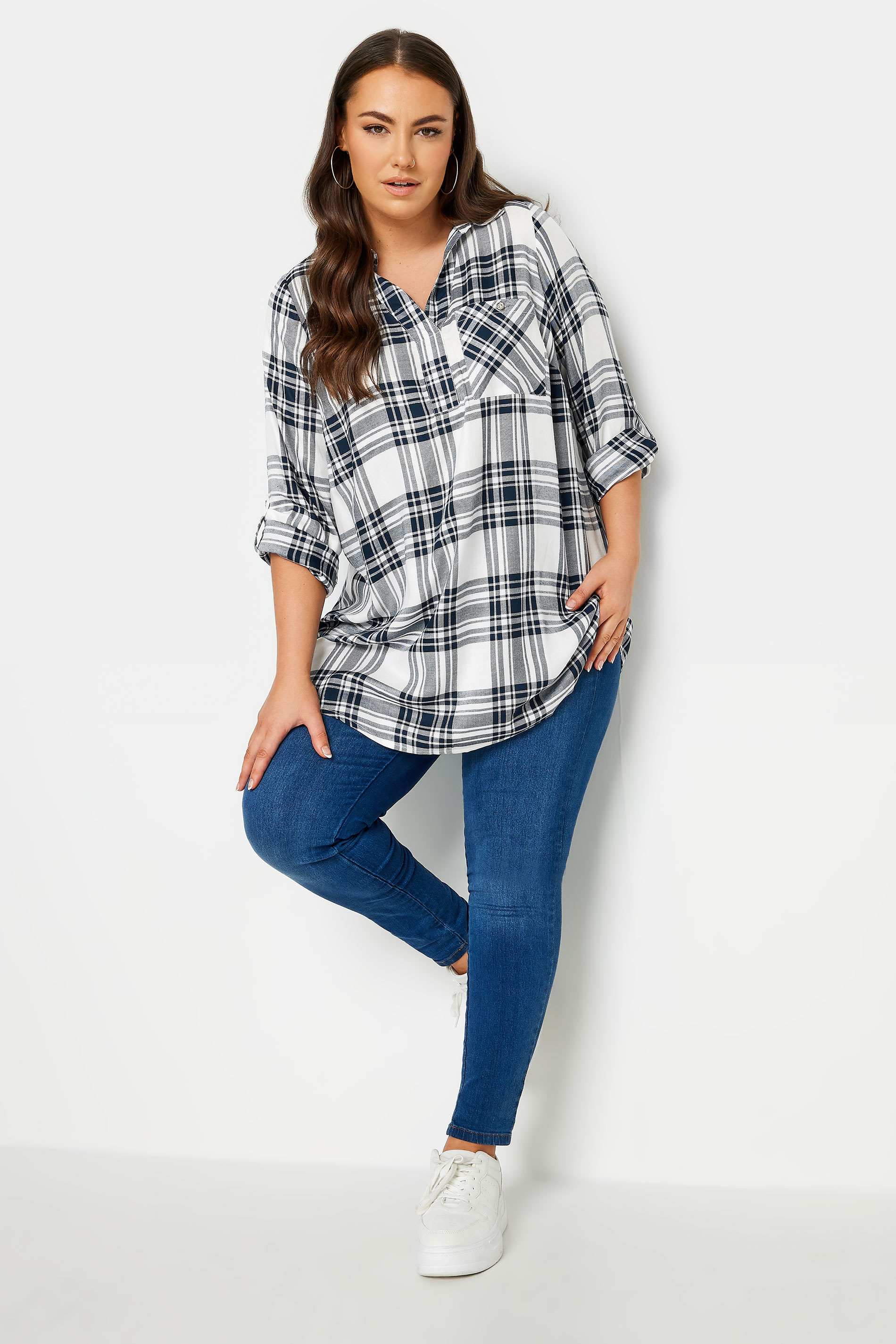 YOURS Curve Plus Size White & Blue Check Print Shirt | Yours Clothing  2