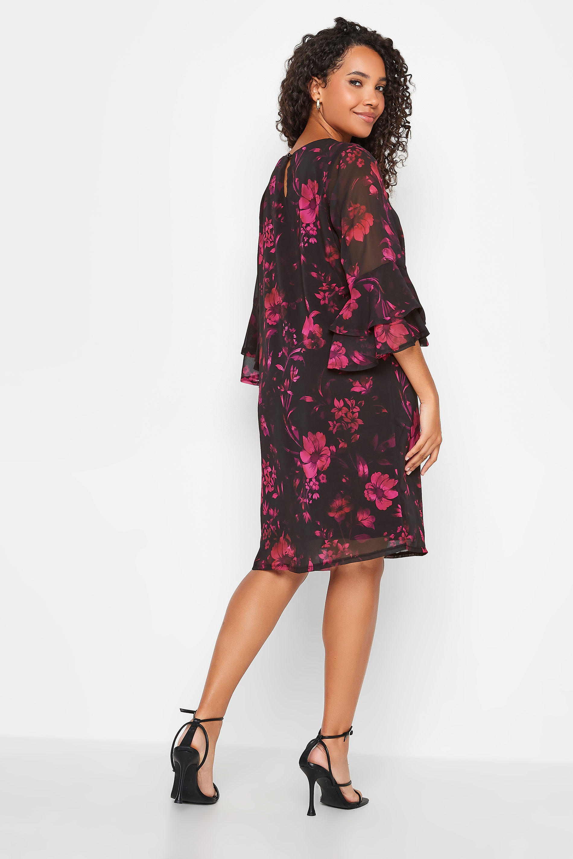 M&Co Black Floral Print Flute Sleeve Shift Dress | M&Co