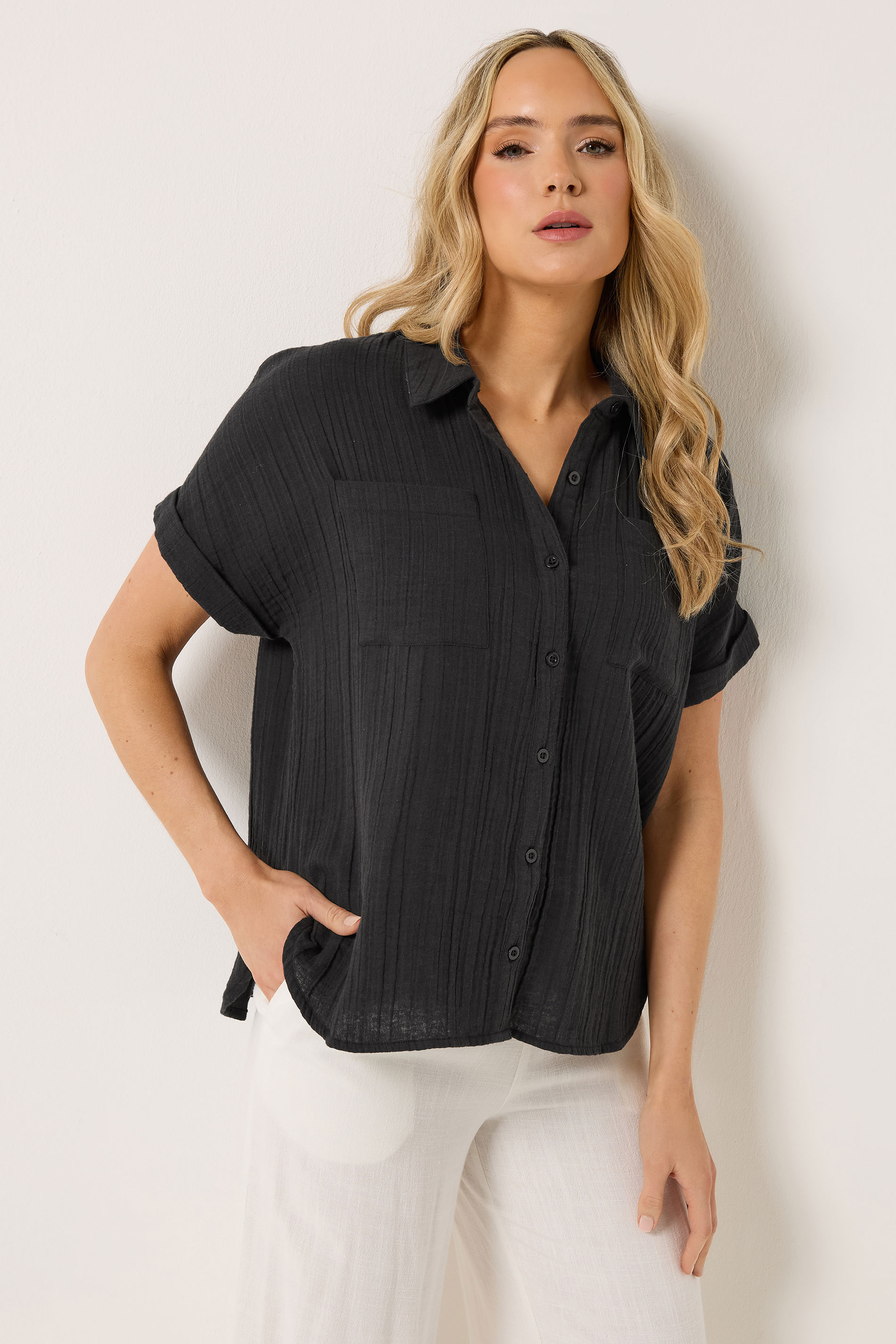 LTS Tall Women's Black Cheesecloth Grown-On Sleeve Cotton Shirt | Long Tall Sally 1