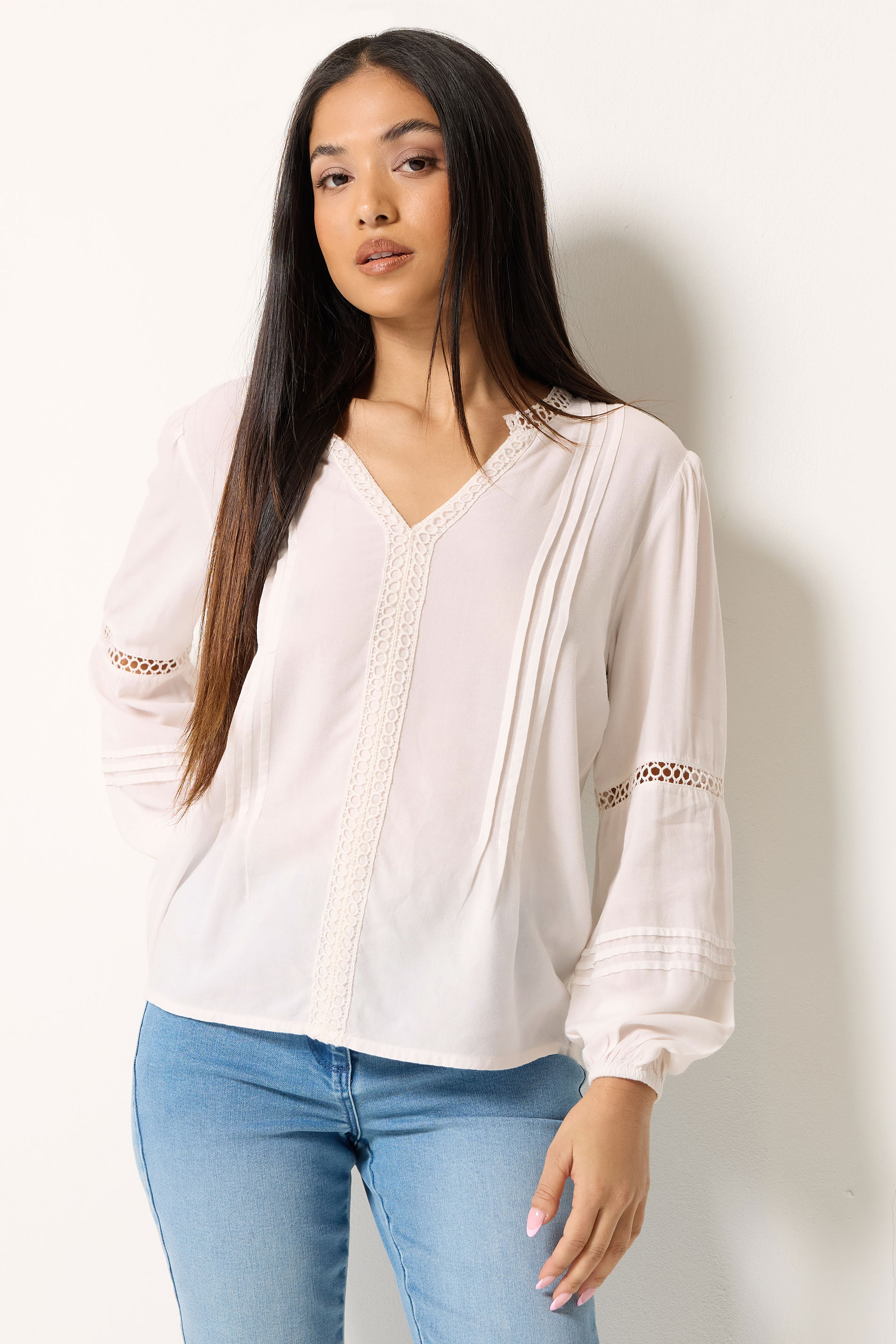 M&Co Petite White Lace Trim Pintuck Blouse | M&Co 3