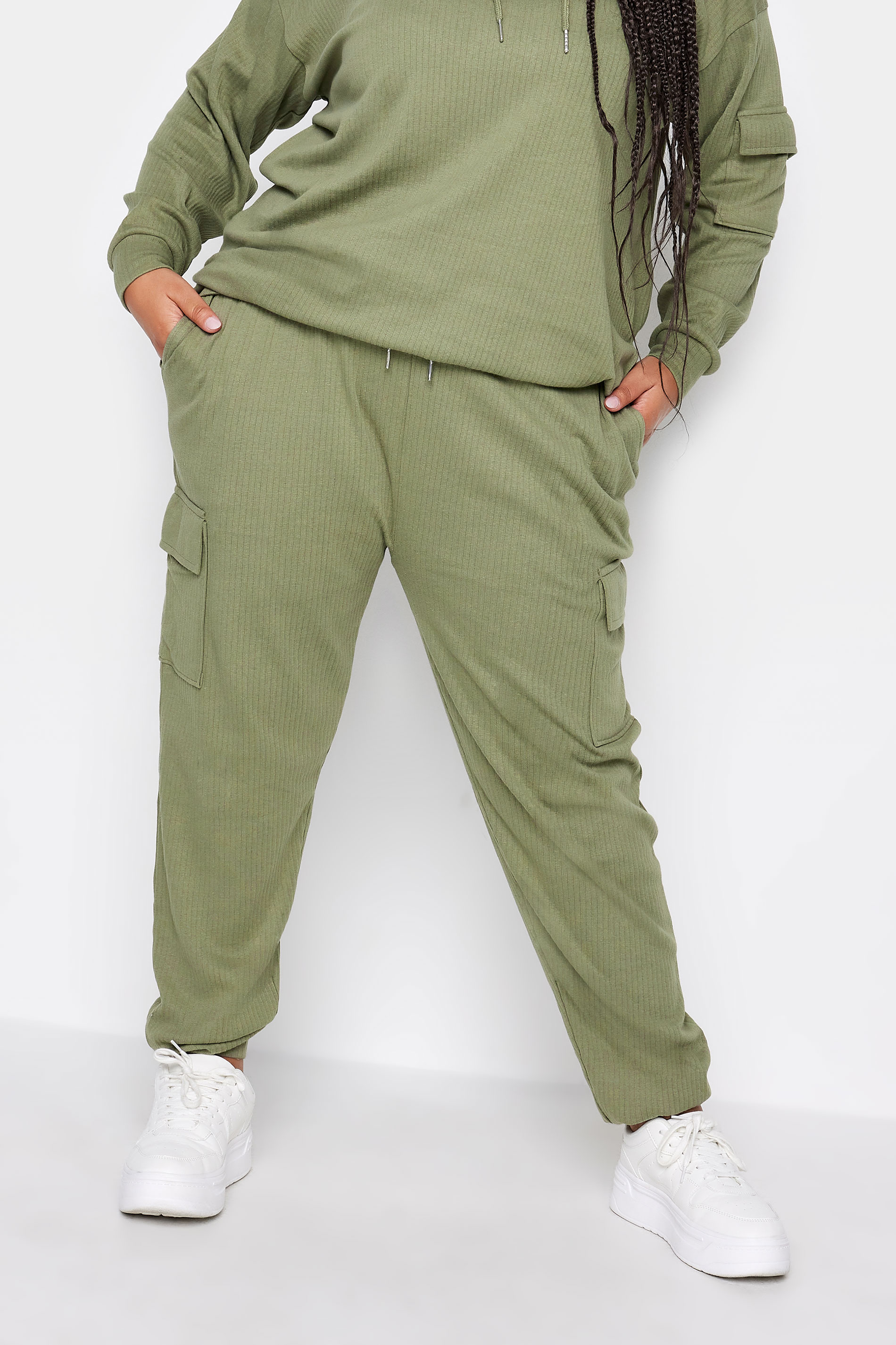 YOURS Plus Size Khaki Green Ribbed Cargo Joggers | Yours Clothing 1