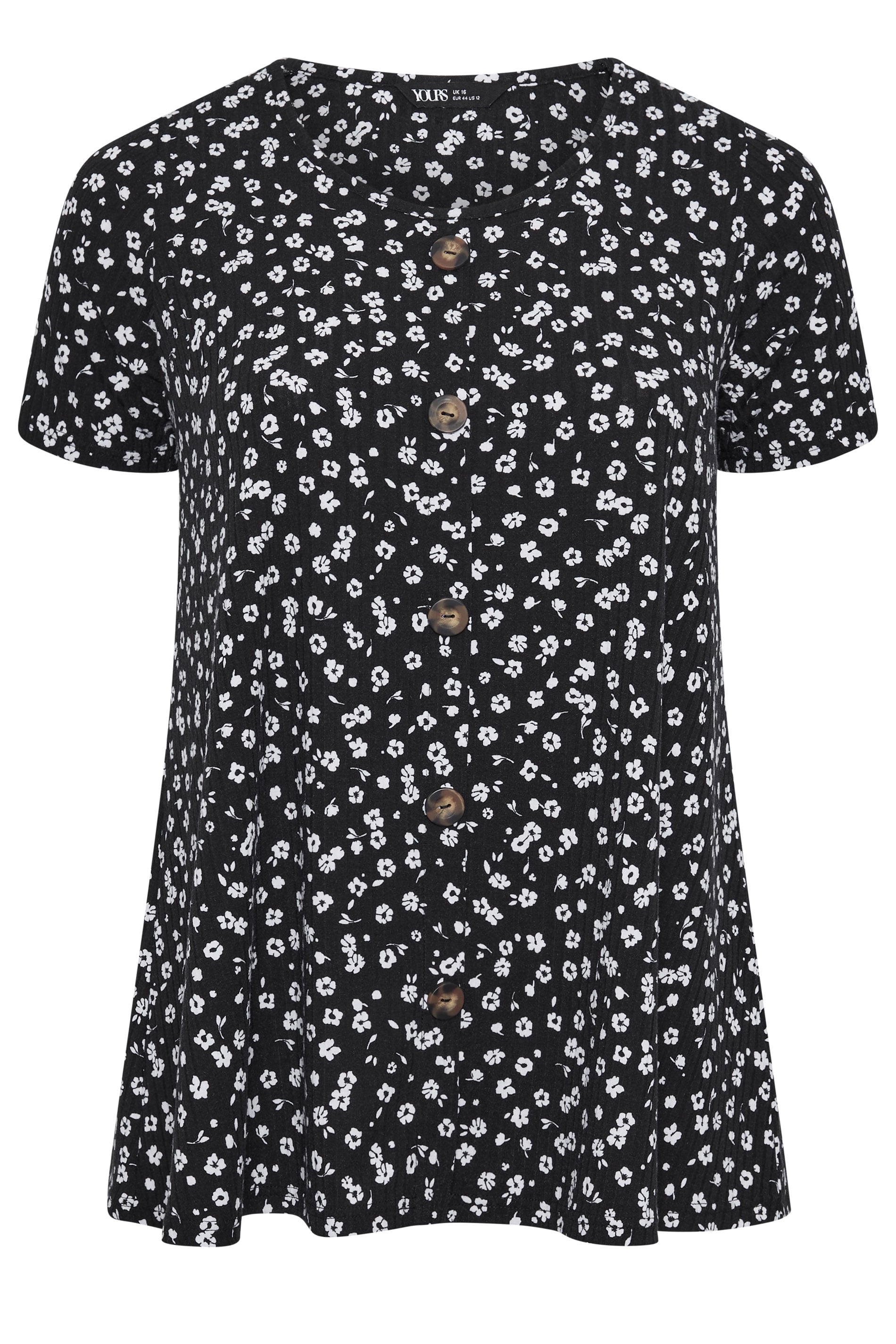 YOURS Plus Size Black & White Ditsy Floral Ribbed T-Shirt | Yours Clothing 5