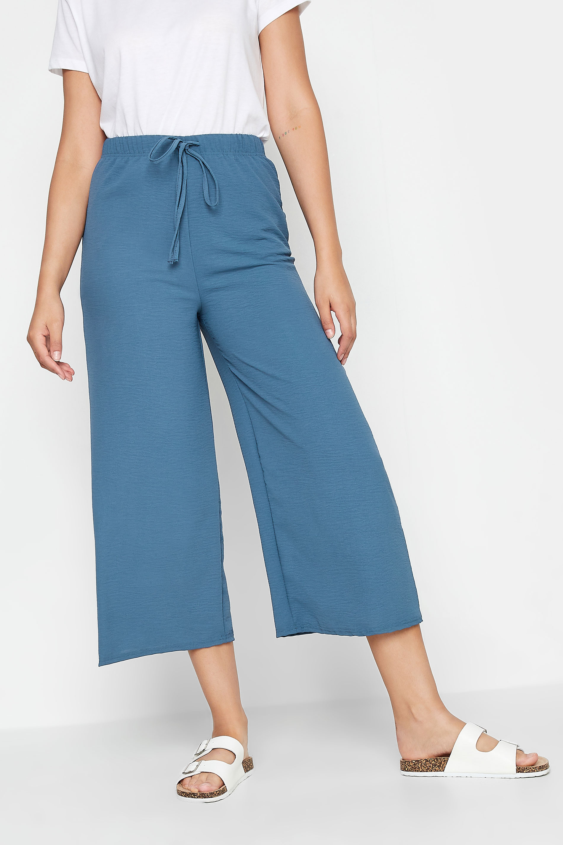 LTS Tall Blue Crepe Wide Leg Cropped Trousers | Long Tall Sally 1