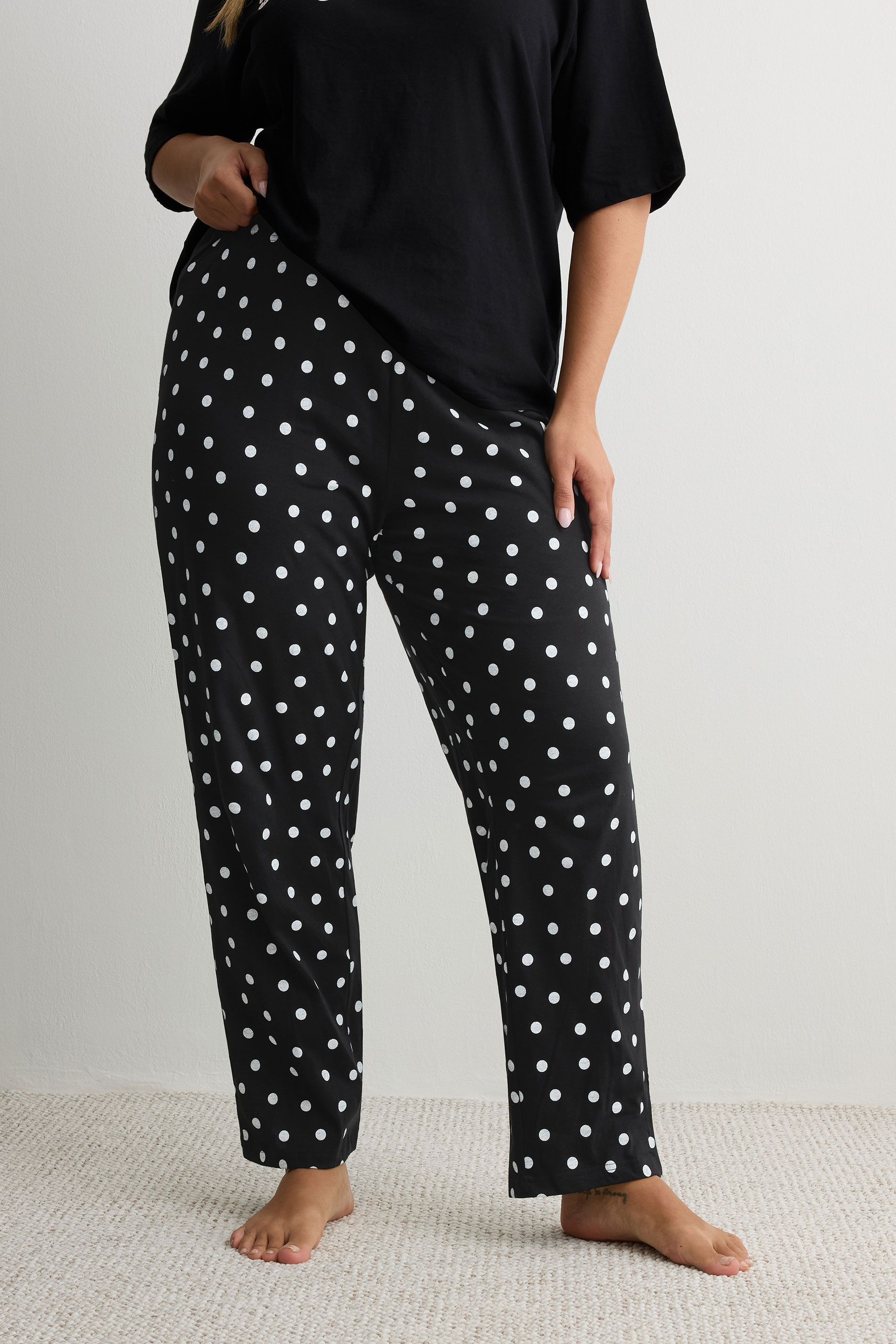 YOURS Plus Size Black Polka Dot Wide Leg Pyjama Bottoms | Yours Clothing 1