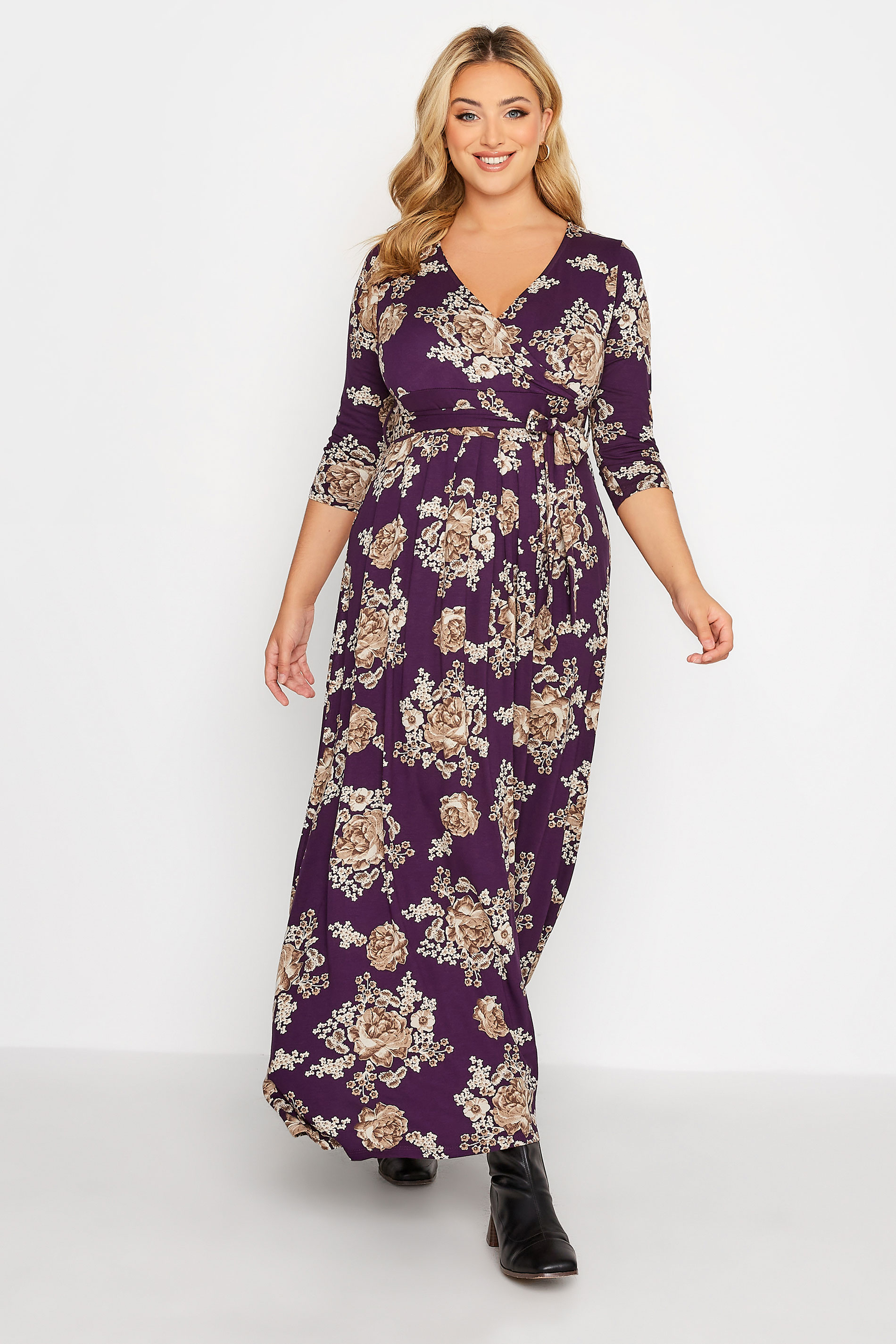 Plus Size Purple Floral V-Neck Maxi Dress | Yours Clothing 1