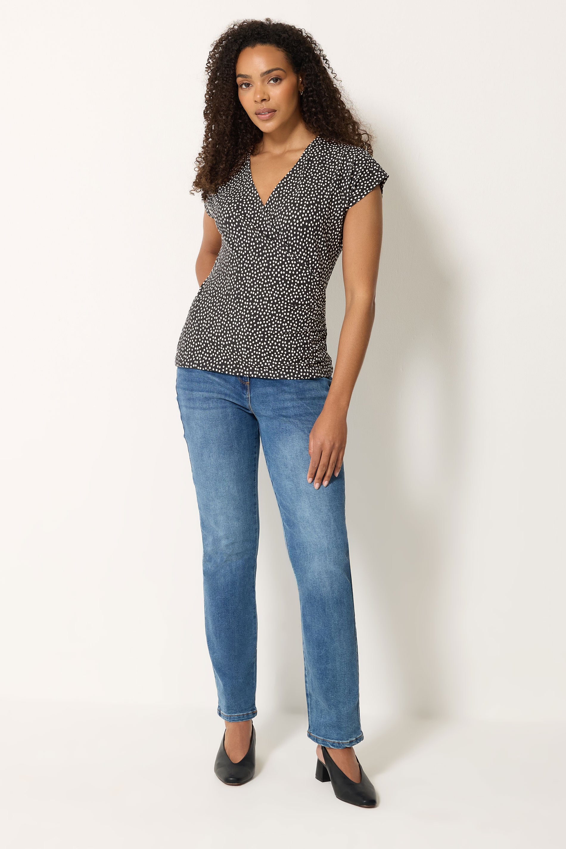 M&Co Black And White Polka Dot Grown-On Sleeve Wrap Top | M&Co 1