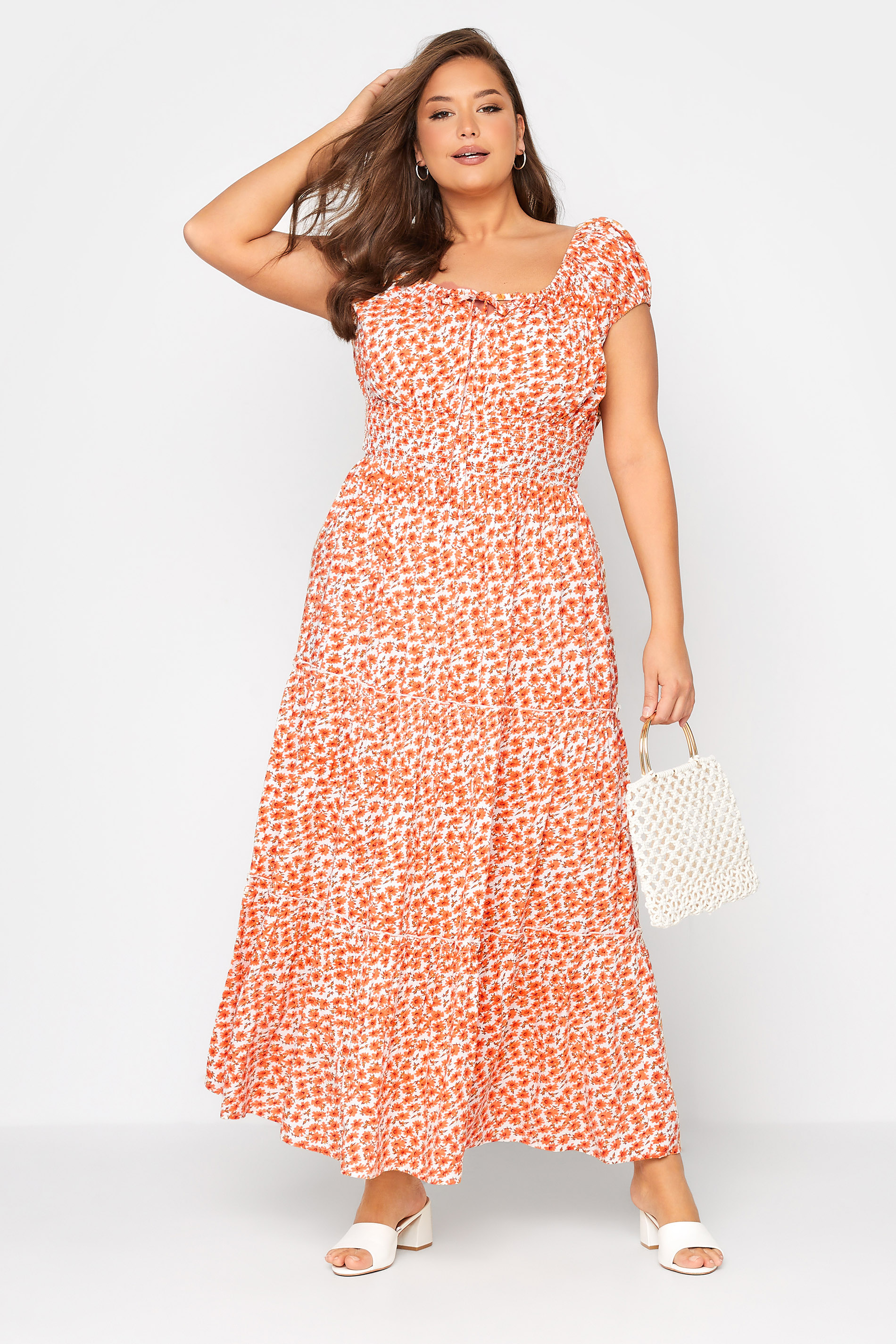 Robes Grande Taille Grande taille  Robes Style Bardot | Robe Maxi Orange Floral Coupe Bardot - JF12449