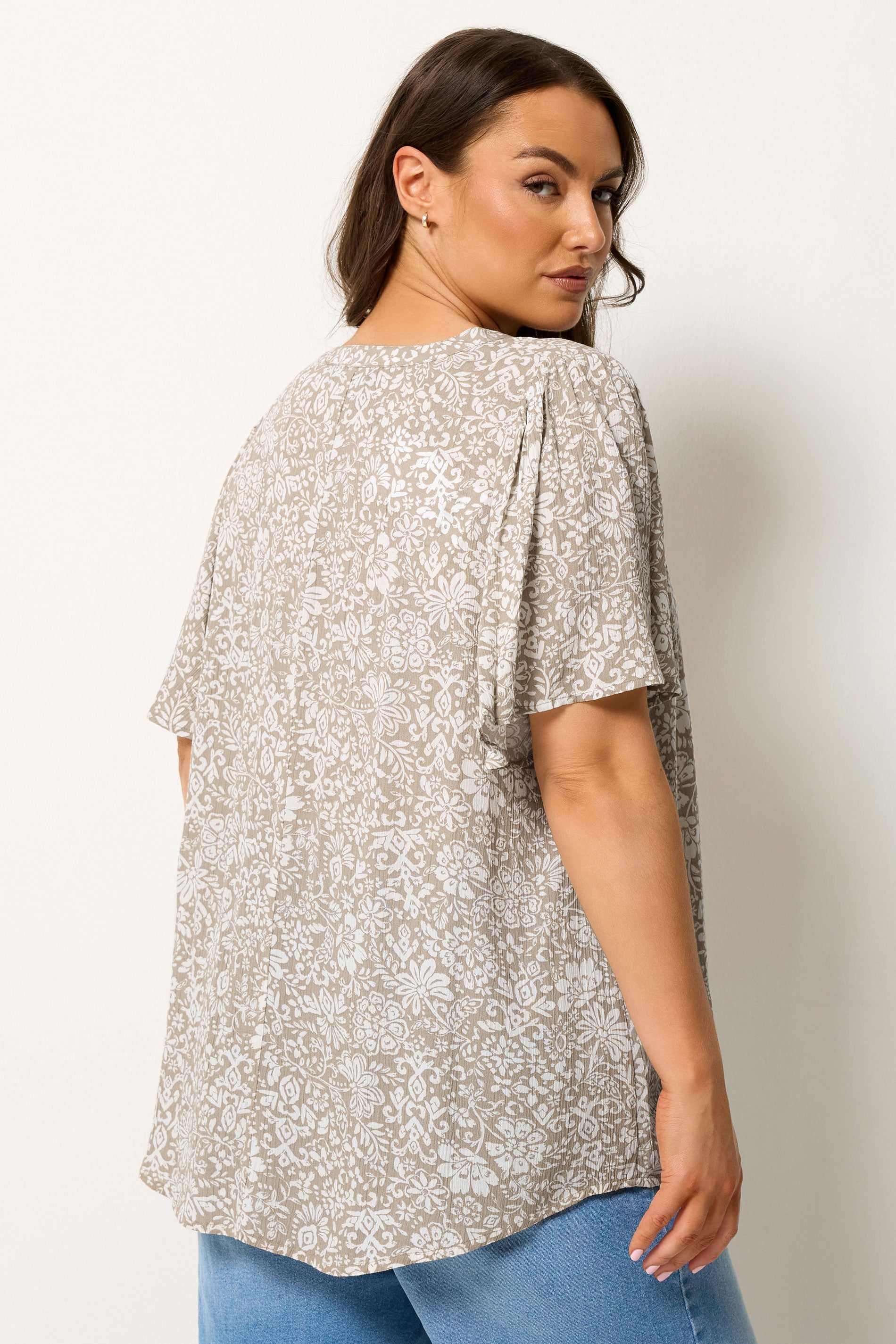 YOURS Plus Size Natural Brown Floral Notch Neck Top | yours Clothing 2