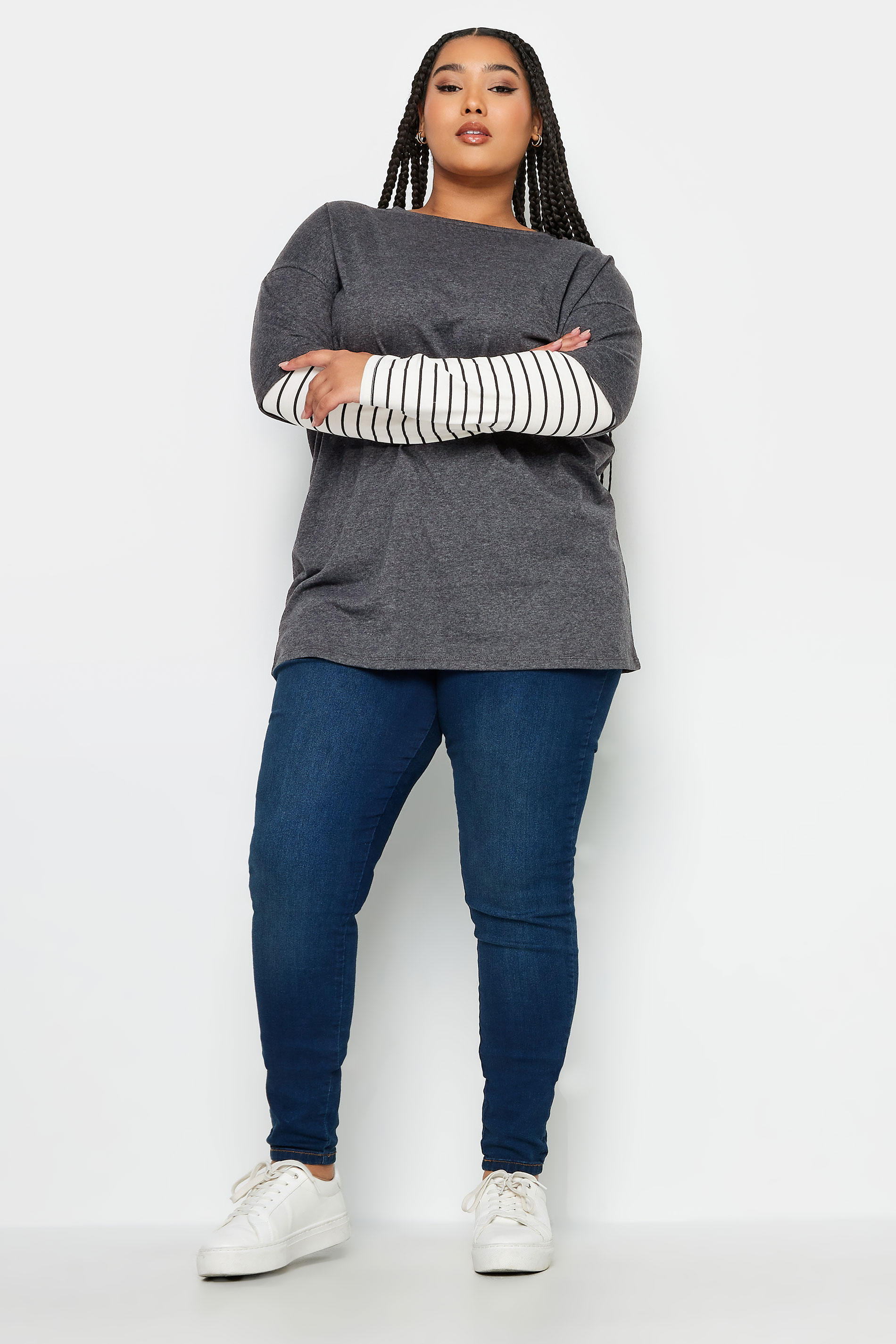 YOURS Plus Size Grey Stripe Sleeve Double Layer T-Shirt | Yours Clothing 3
