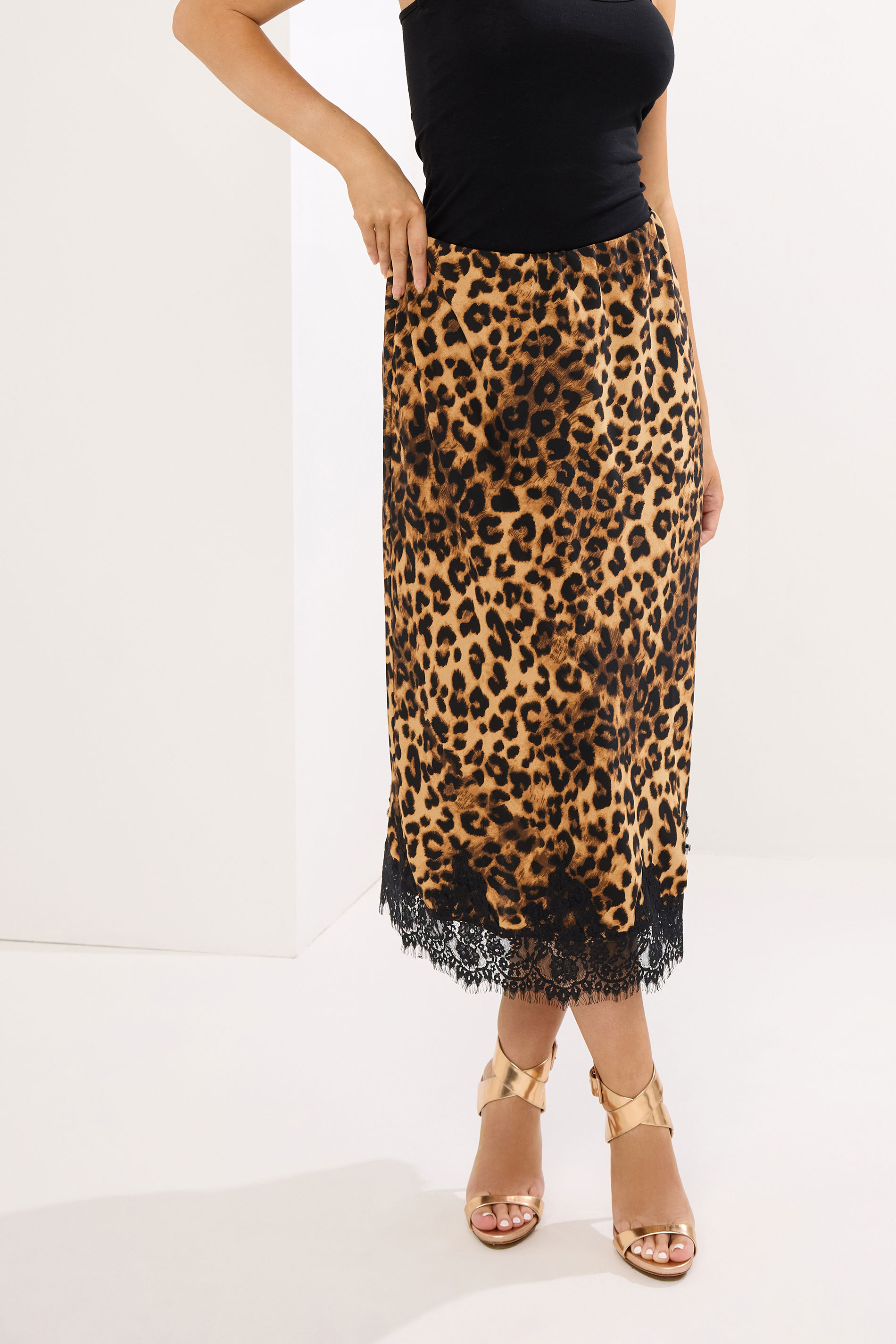 STAR Brown Leopard Lace Trim Satin Skirt | StarByJM 2