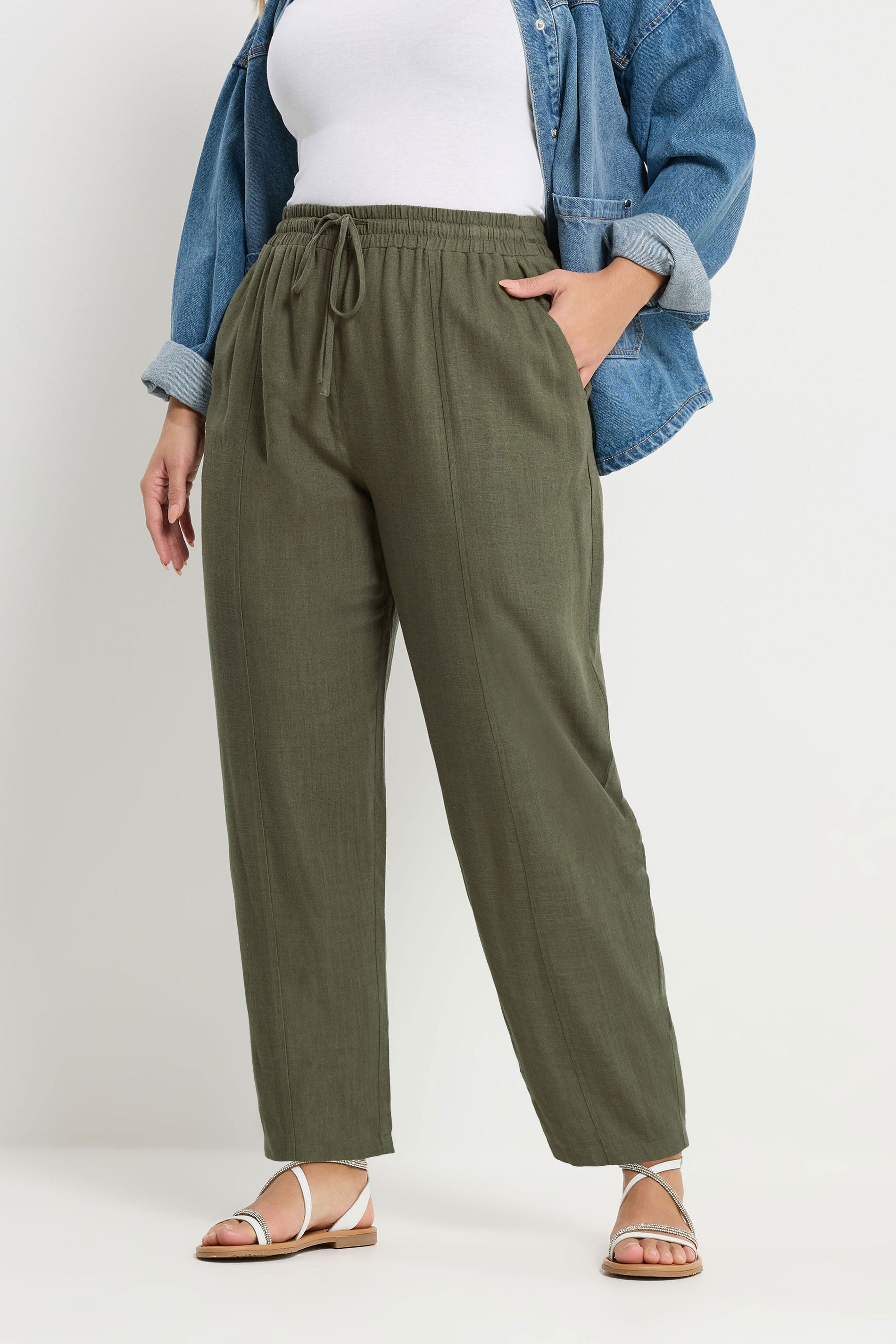 YOURS Plus Size Olive Green Barrel Leg Linen Trousers | Yours Clothing 3