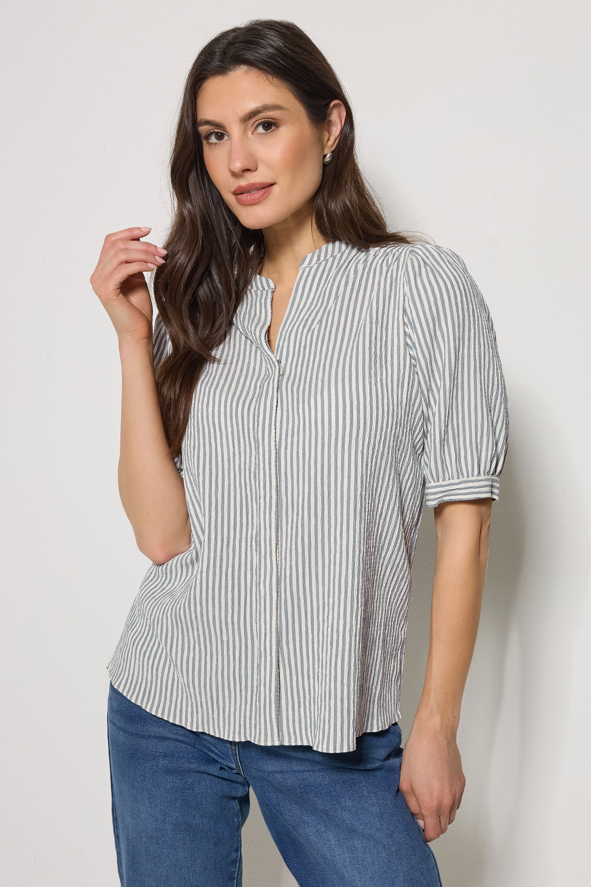 M&Co Blue Stripe Textured Puff Sleeve Shirt | M&Co 3