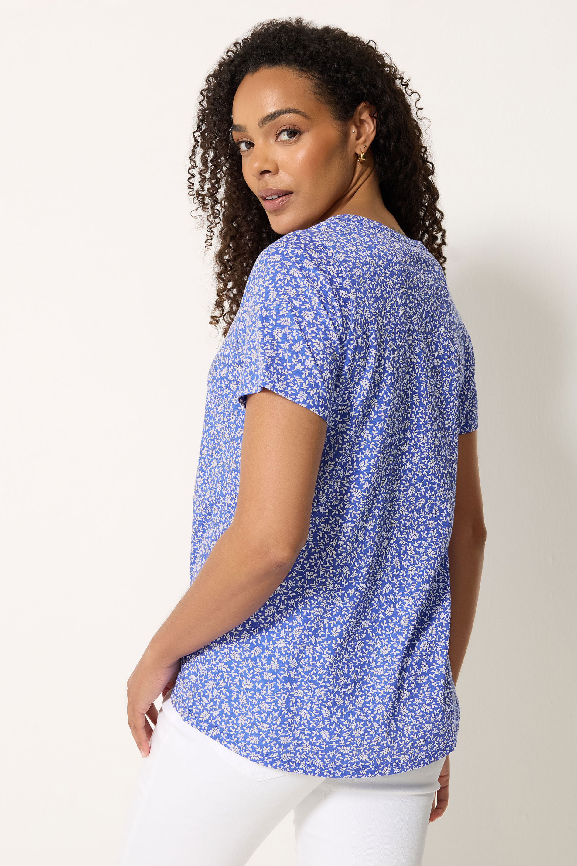 M&Co Blue Leaf Print Cotton Henley Top| M&Co 2