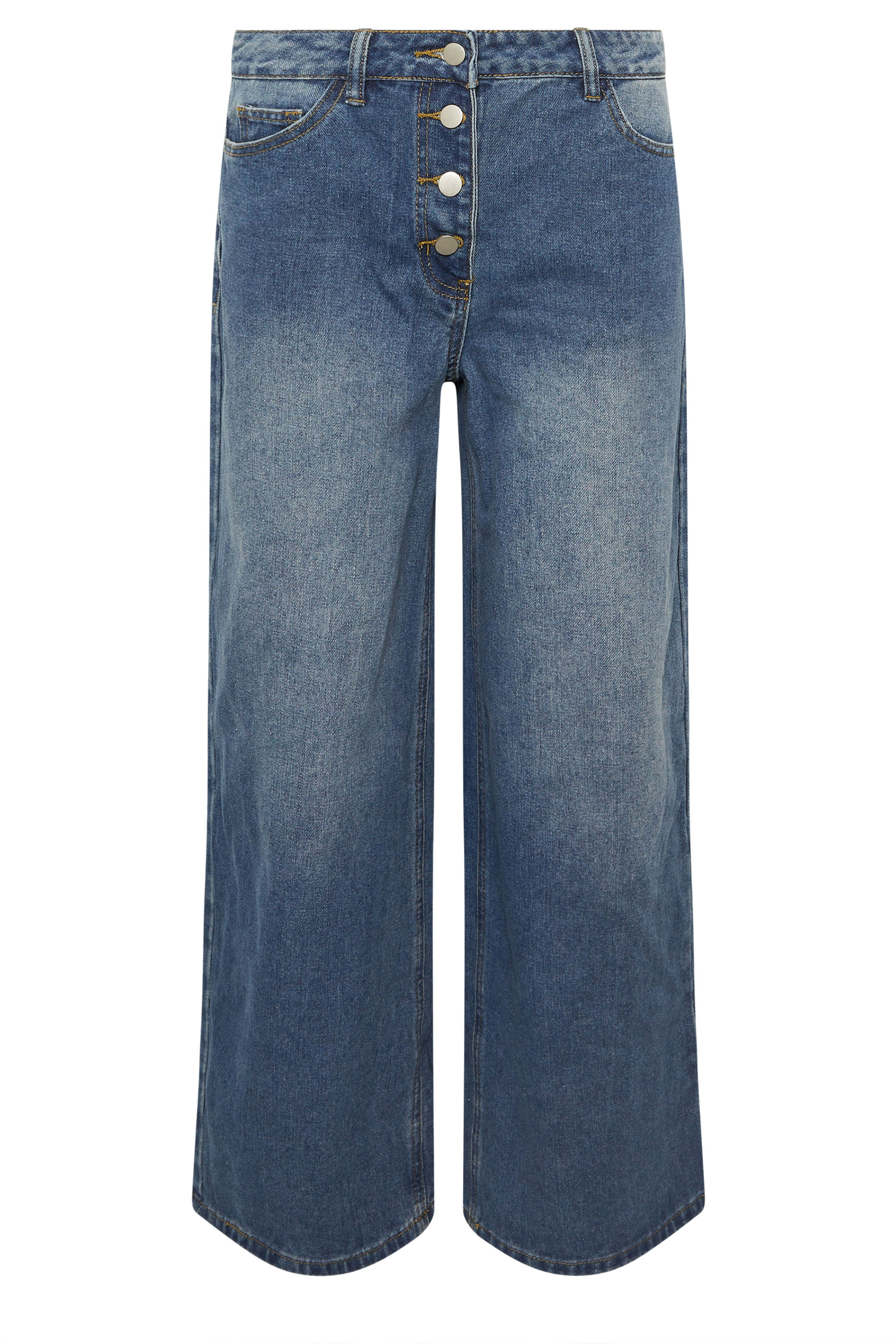 PixieGirl Petite Women's Mid Blue Button Front Wide Leg Jeans | PixieGirl 6