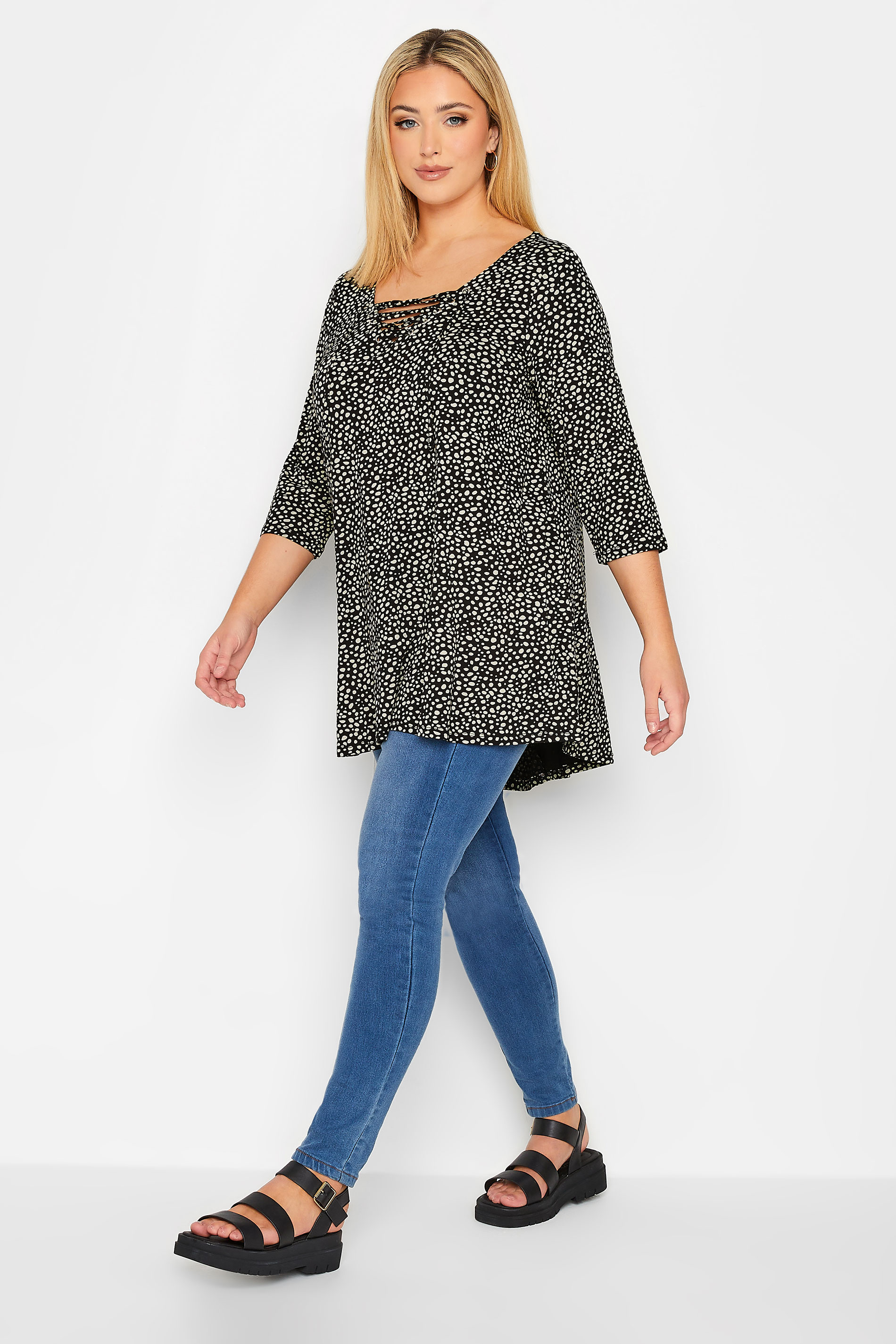 Plus Size Black Spot Lace Up Top | Yours Clothing 2