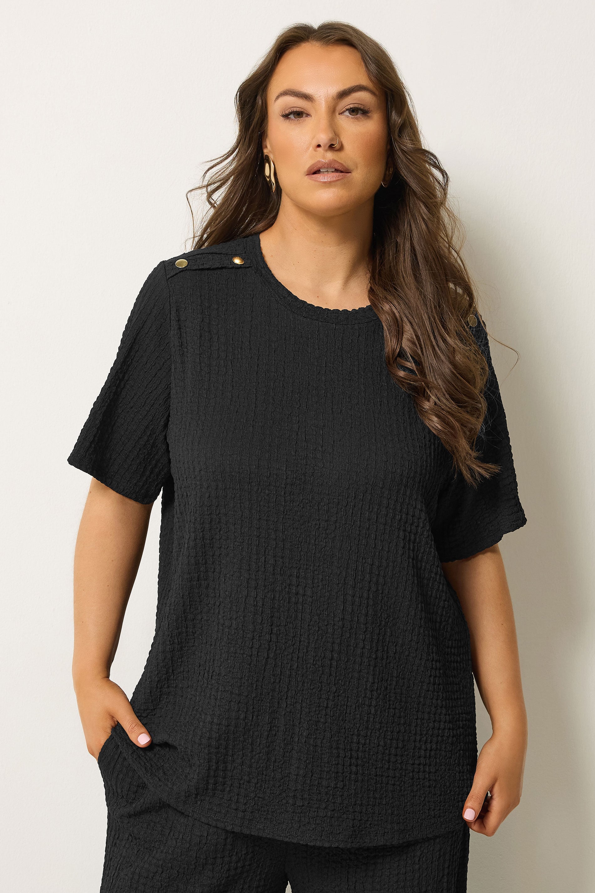 YOURS Plus Size Black Button Detail Bubble Texture Top | Yours Clothing 3