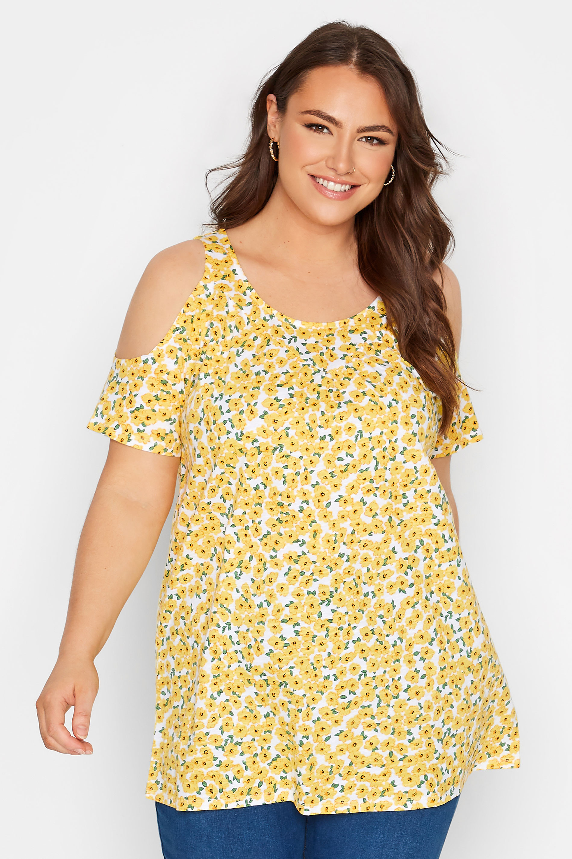 Curve White & Yellow Ditsy Print Cold Shoulder Top 1