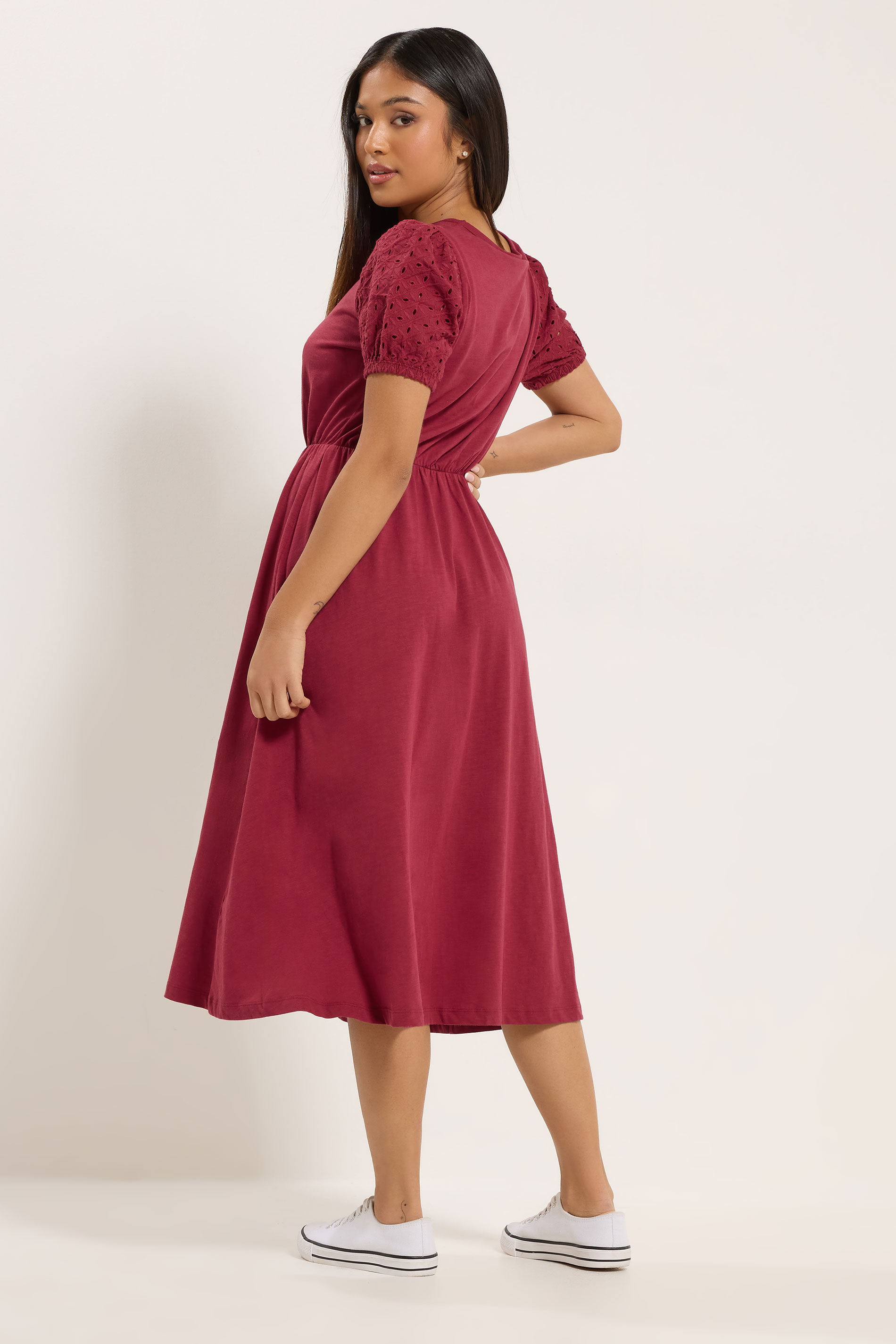 M&Co Petite Berry Red Broderie Sleeve Cotton Midi Dress | M&Co 2