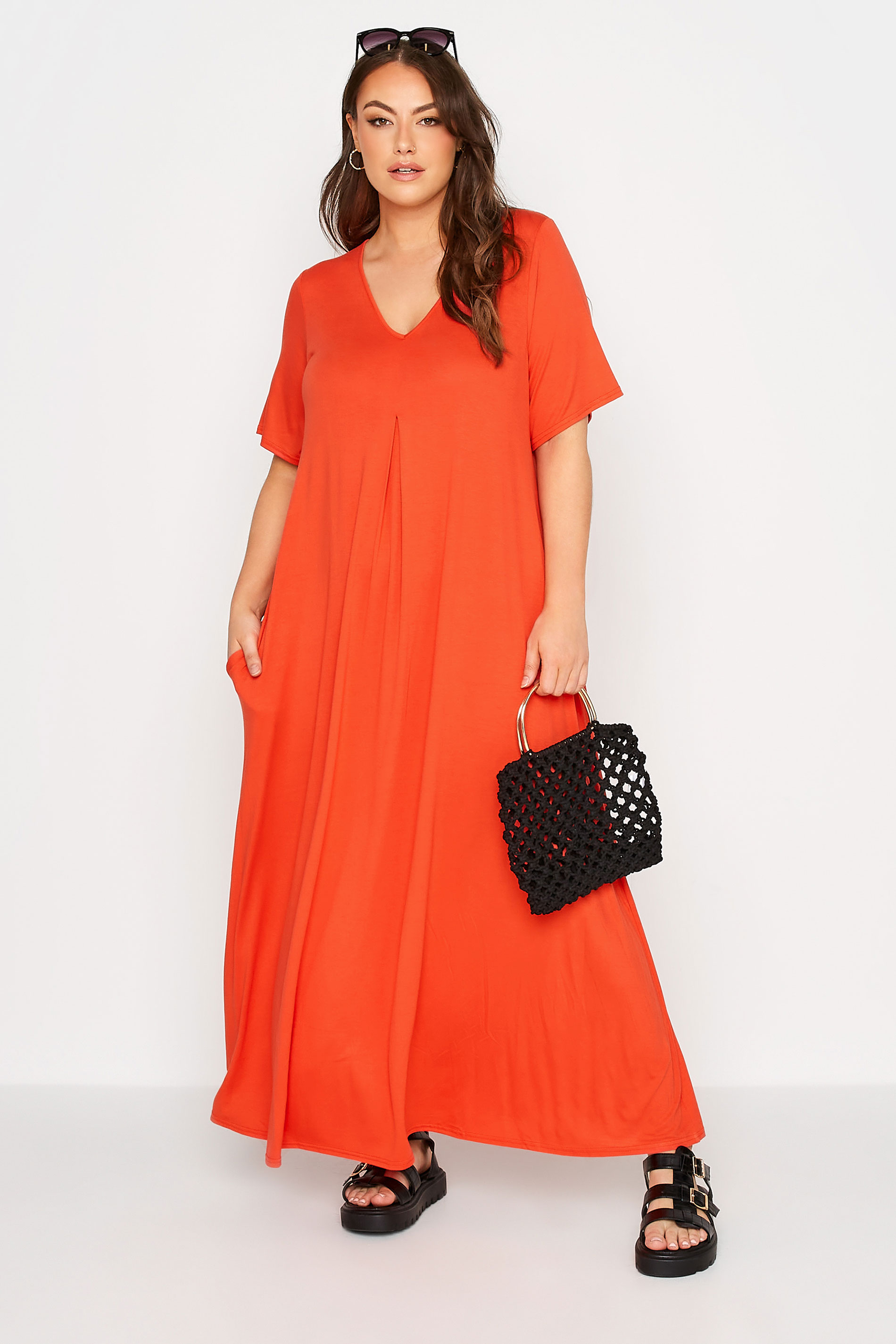 Robes Grande Taille Grande taille  Robes Longues | LIMITED COLLECTION - Robe Orange Maxi Plissée Manches Courtes - SK92731