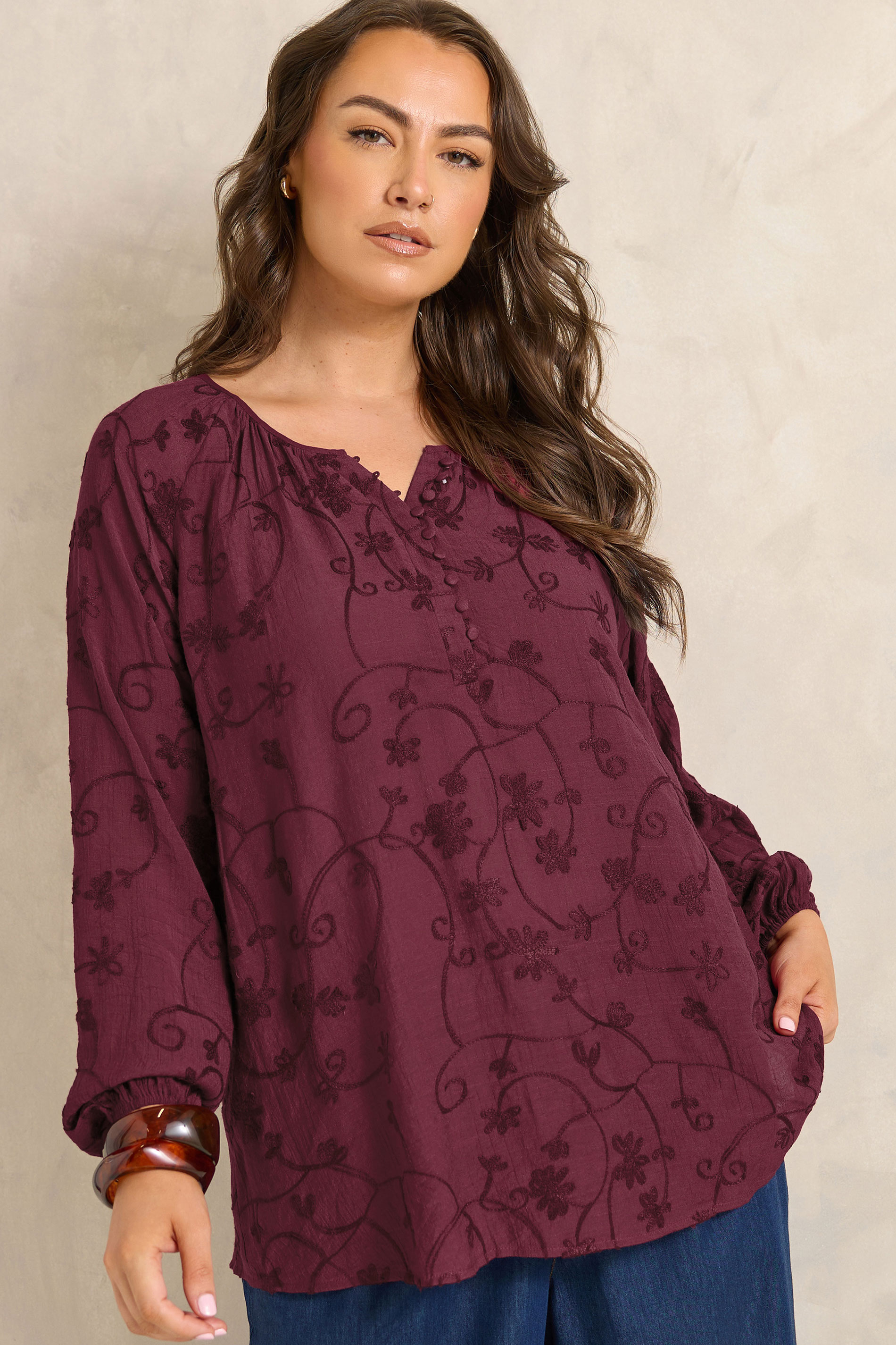 EVANS Plus Size Burgundy Red Floral Embroidered Blouse | Evans 3