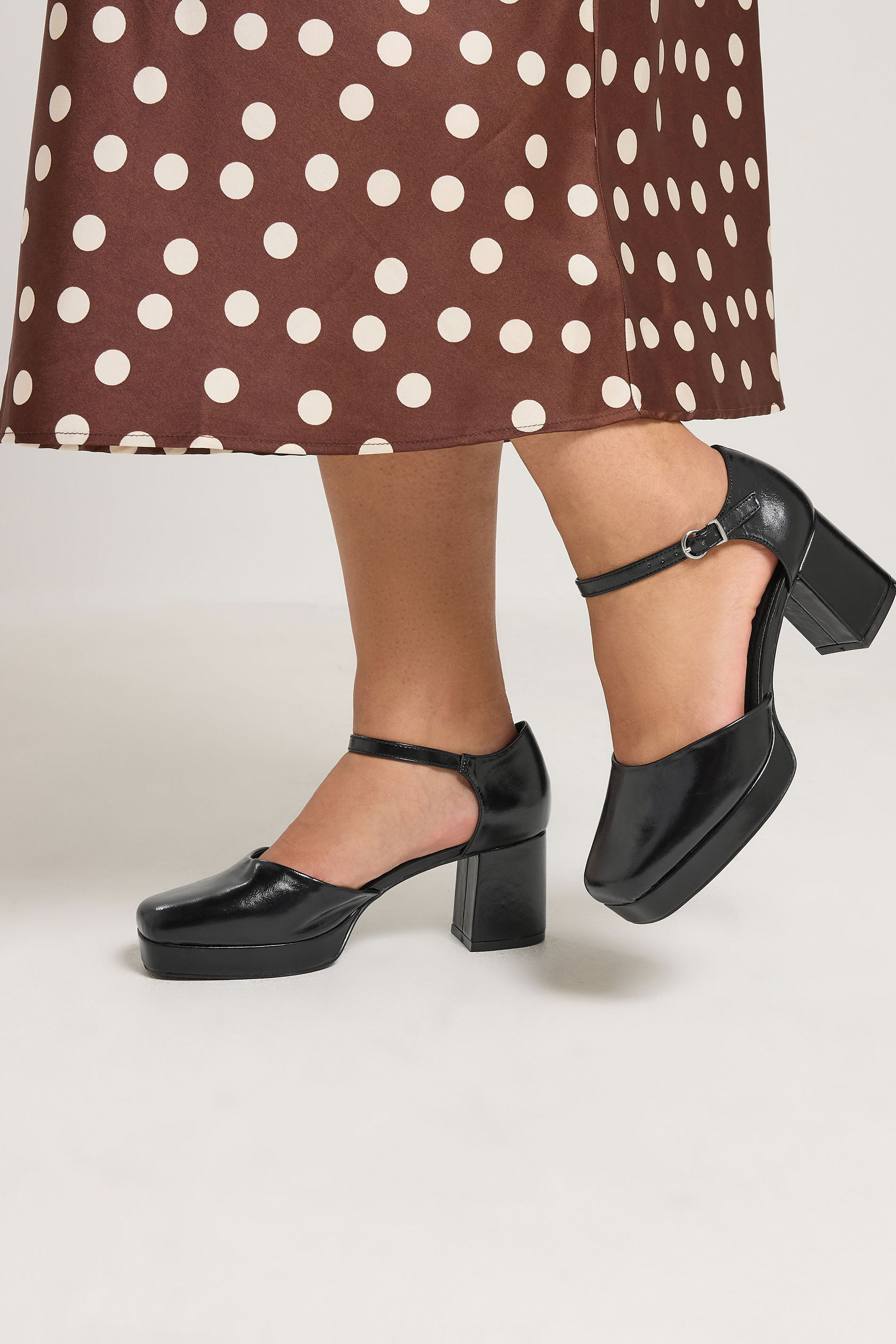 Black Faux Leather Platform Block Heels In Extra Wide EEE Fit | Yours Clothing 1