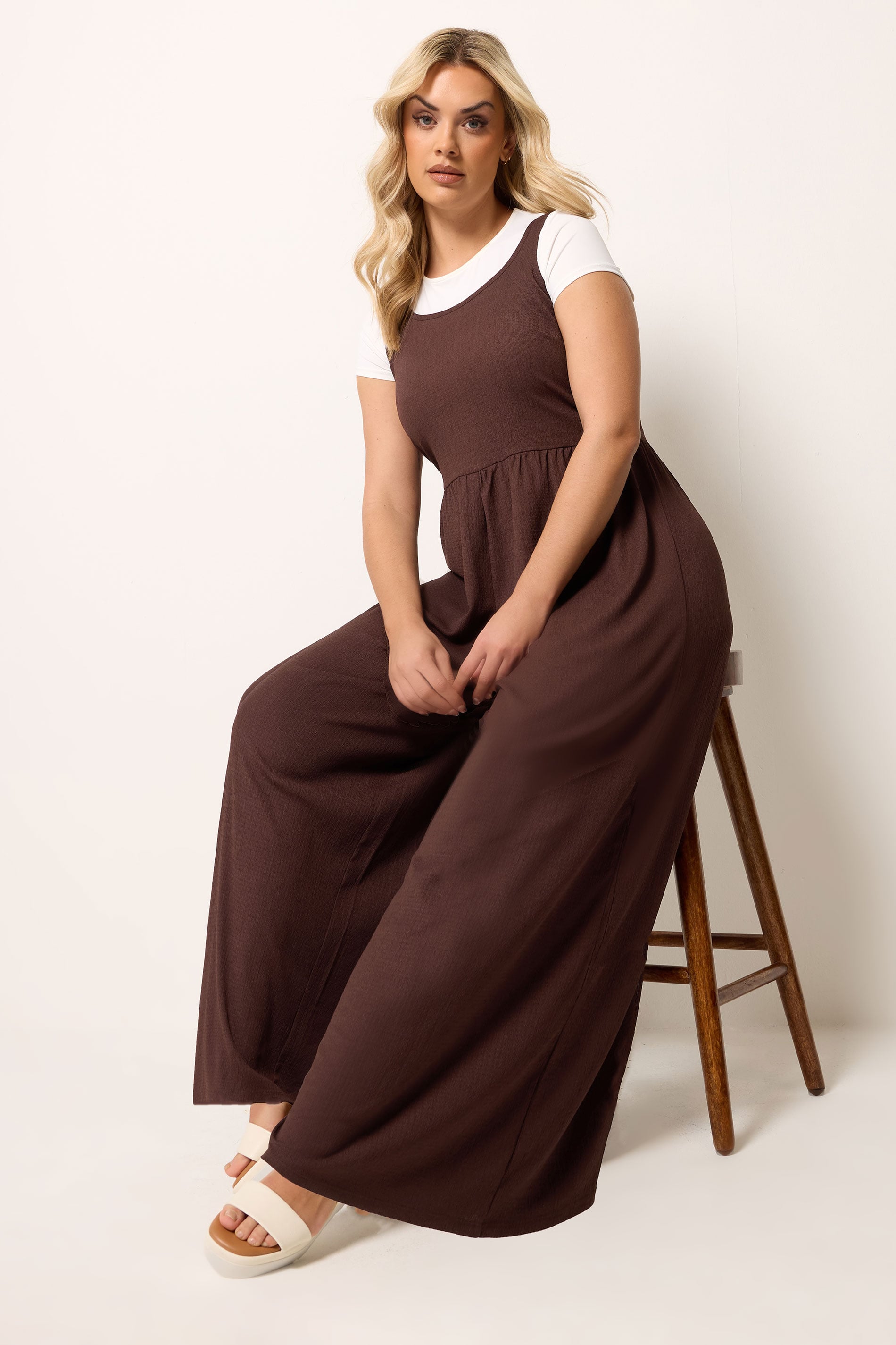YOURS Plus Size Chocolate Brown Textured Jumpsuit | Yours Clothing 1