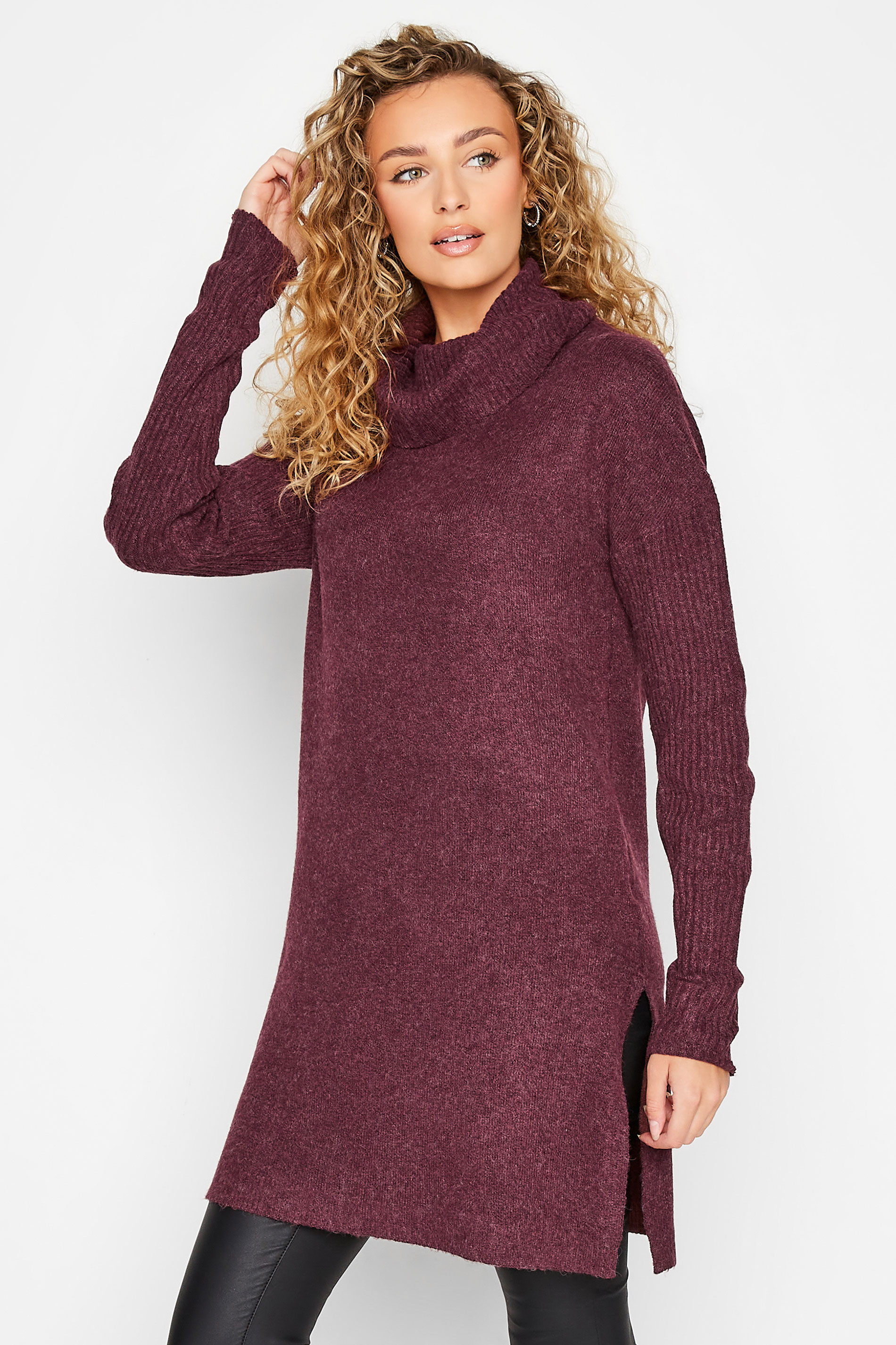 LTS Tall Women's Berry Red Turtle Neck Knitted Tunic Jumper | Long Tall Sally 1