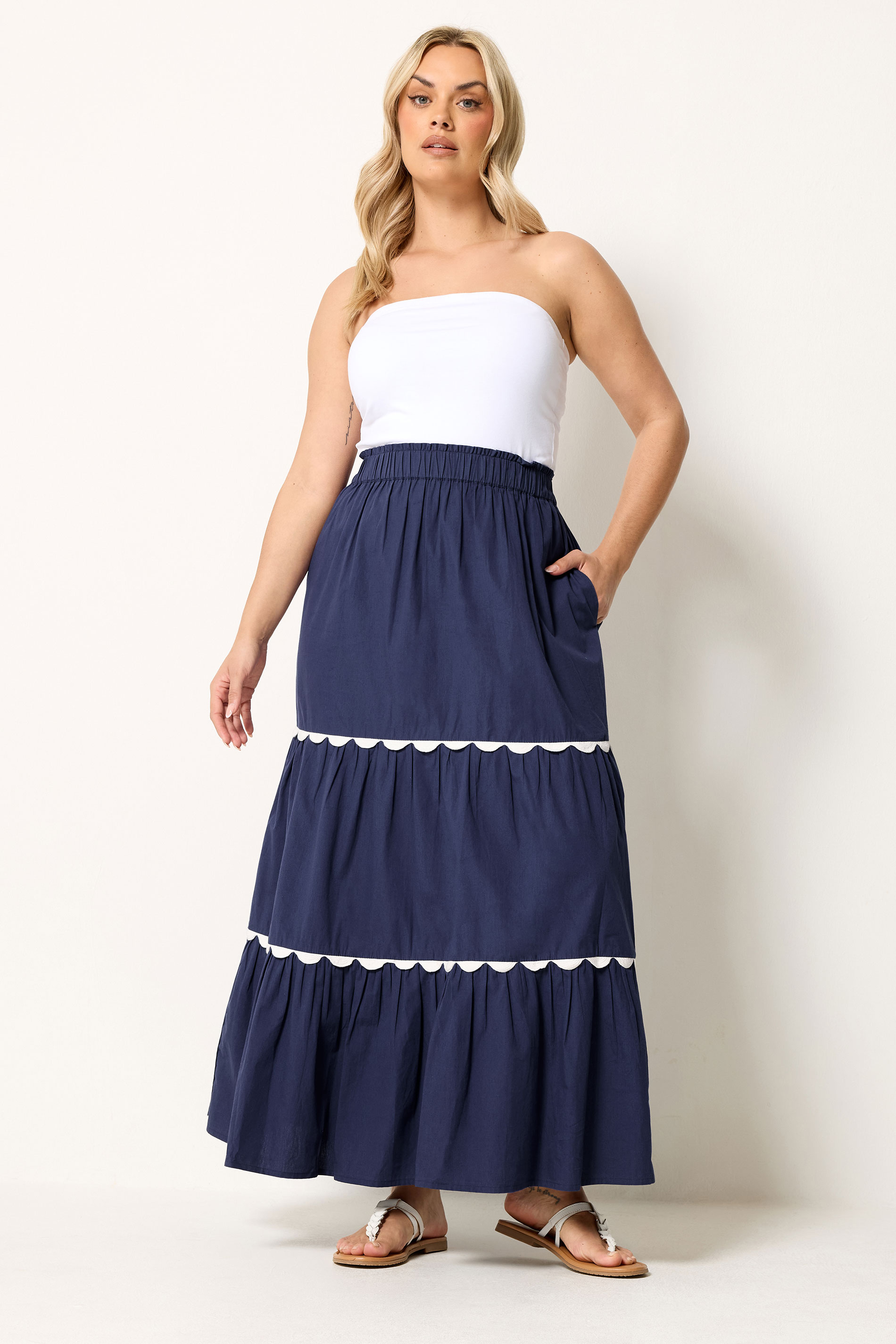 YOURS Plus Size  Navy Blue Scallop Trim Maxi Skirt | Yours Clothing  3