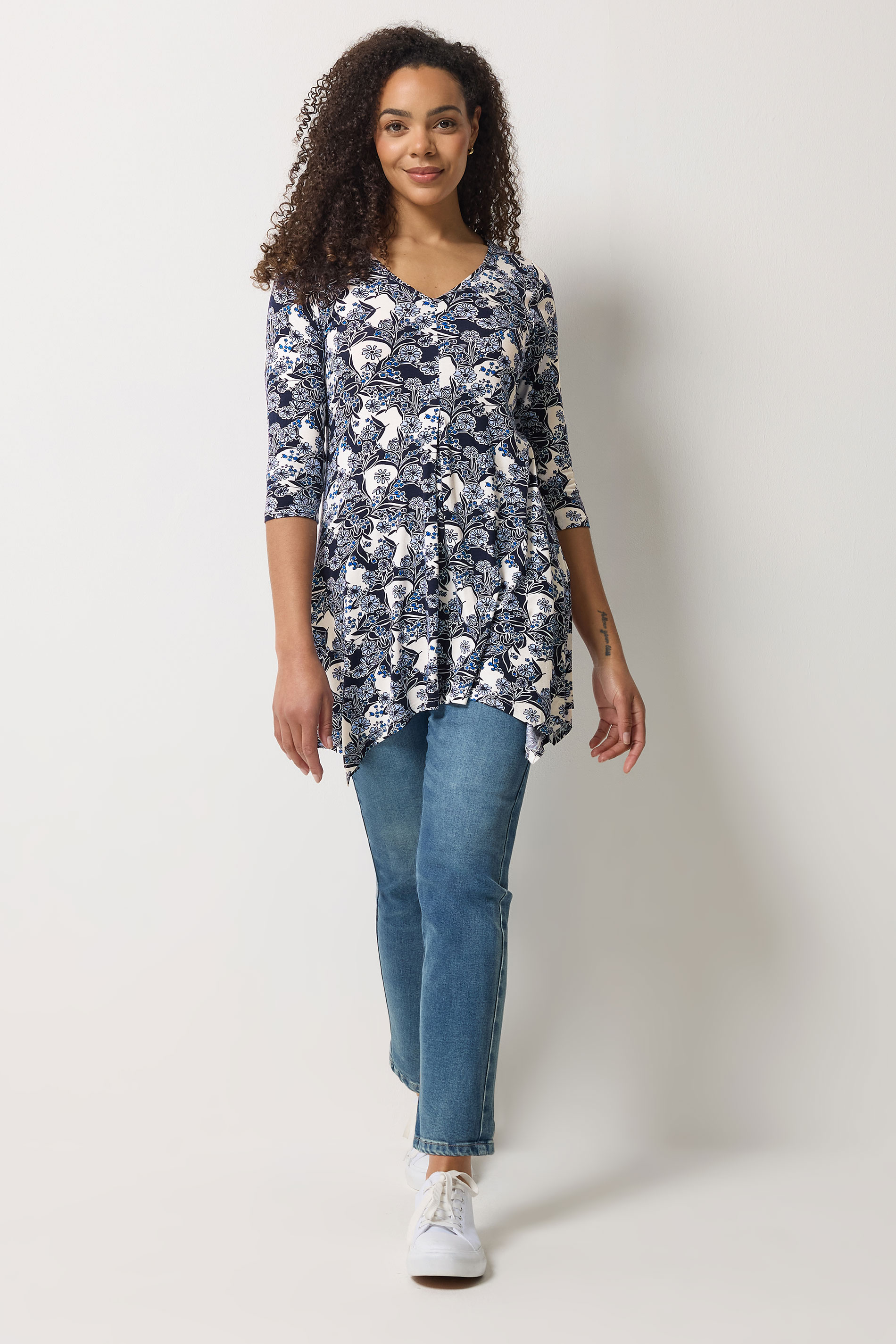 M&Co Navy Blue Floral Hanky Hem Top | M&Co 1