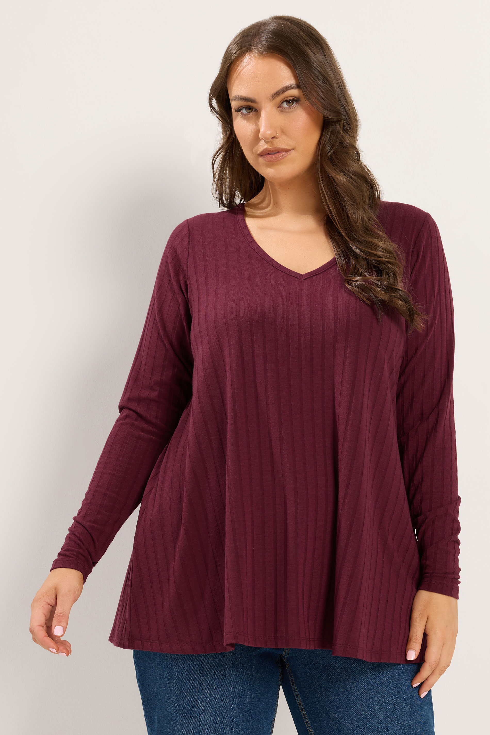 YOURS Plus Size Red Plunge Neck Ribbed T-Shirt | Yours Clothing 3