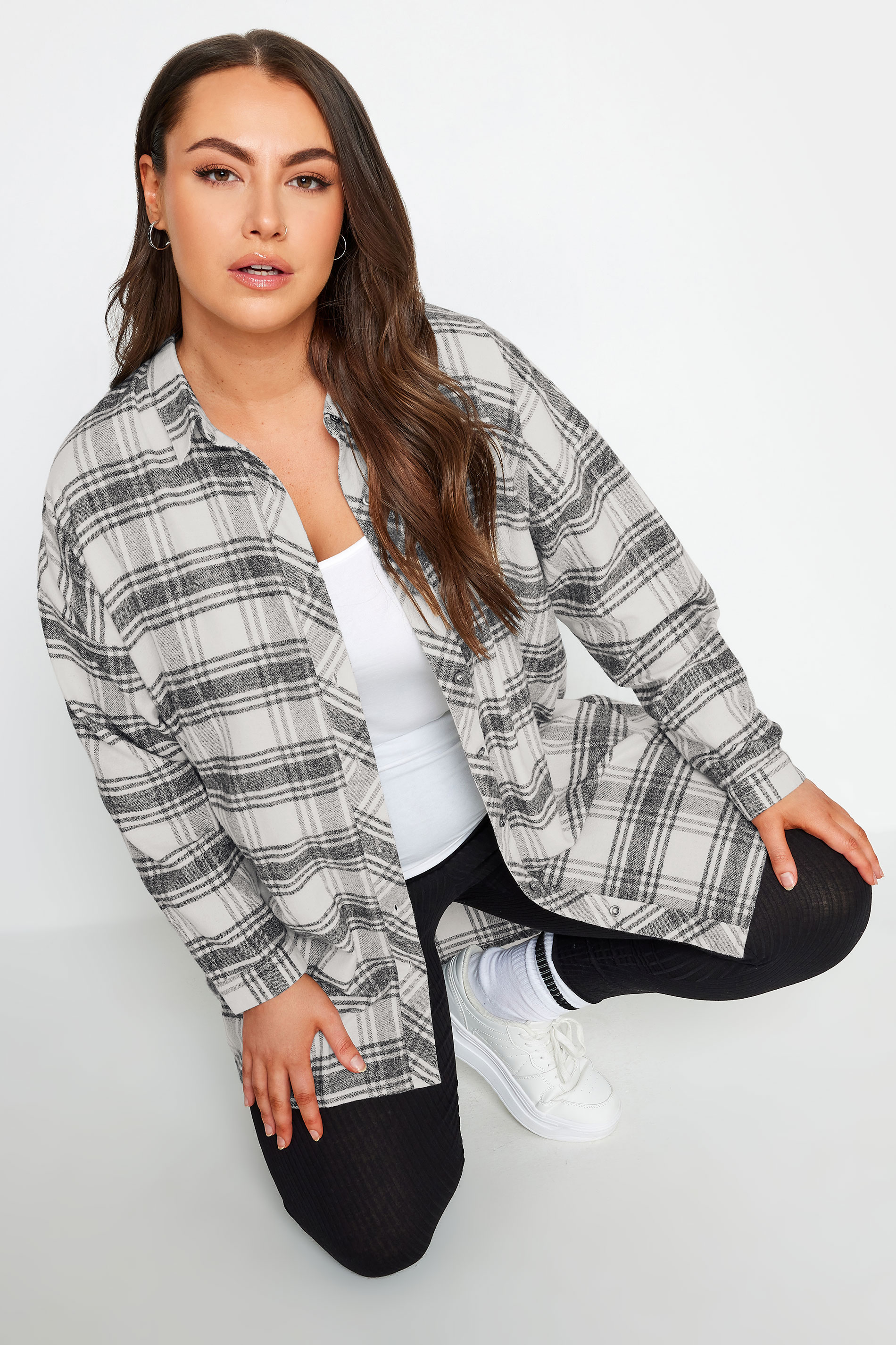 YOURS Curve White & Grey Oversized Boyfriend Shirt | Yours Clothing 1