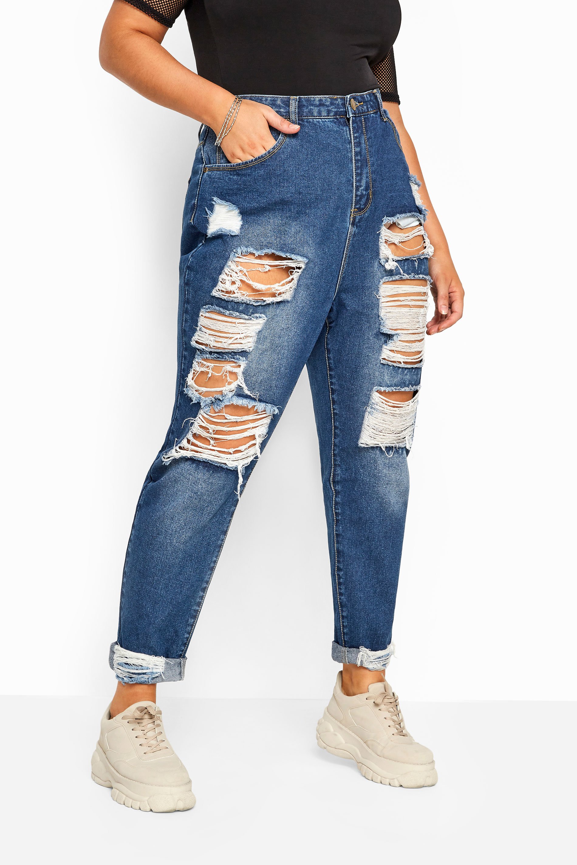 Mid Blue Extreme Ripped MOM Jeans | Yours Clothing