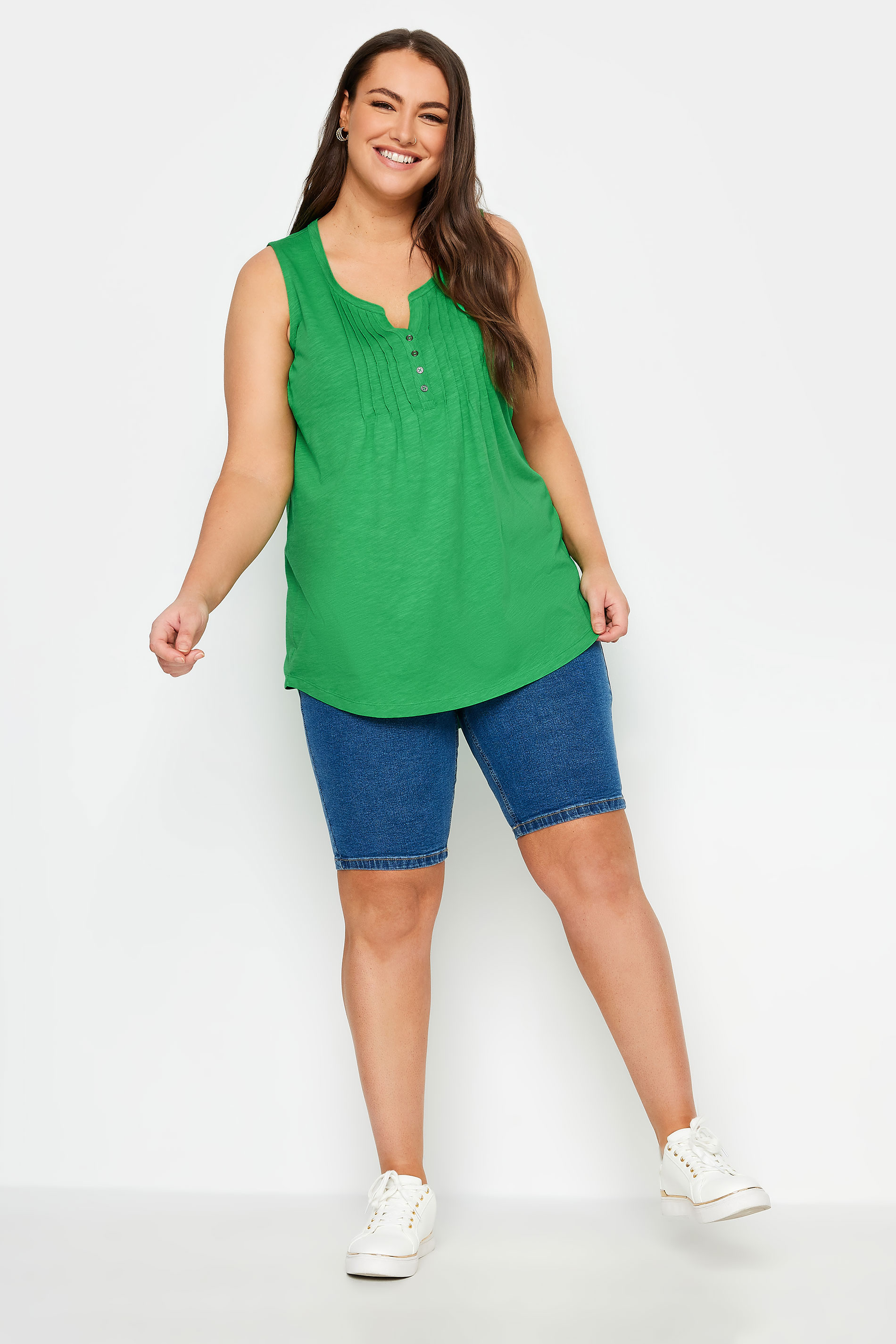 YOURS Plus Size Apple Green Pintuck Henley Vest Top | Yours Clothing 2
