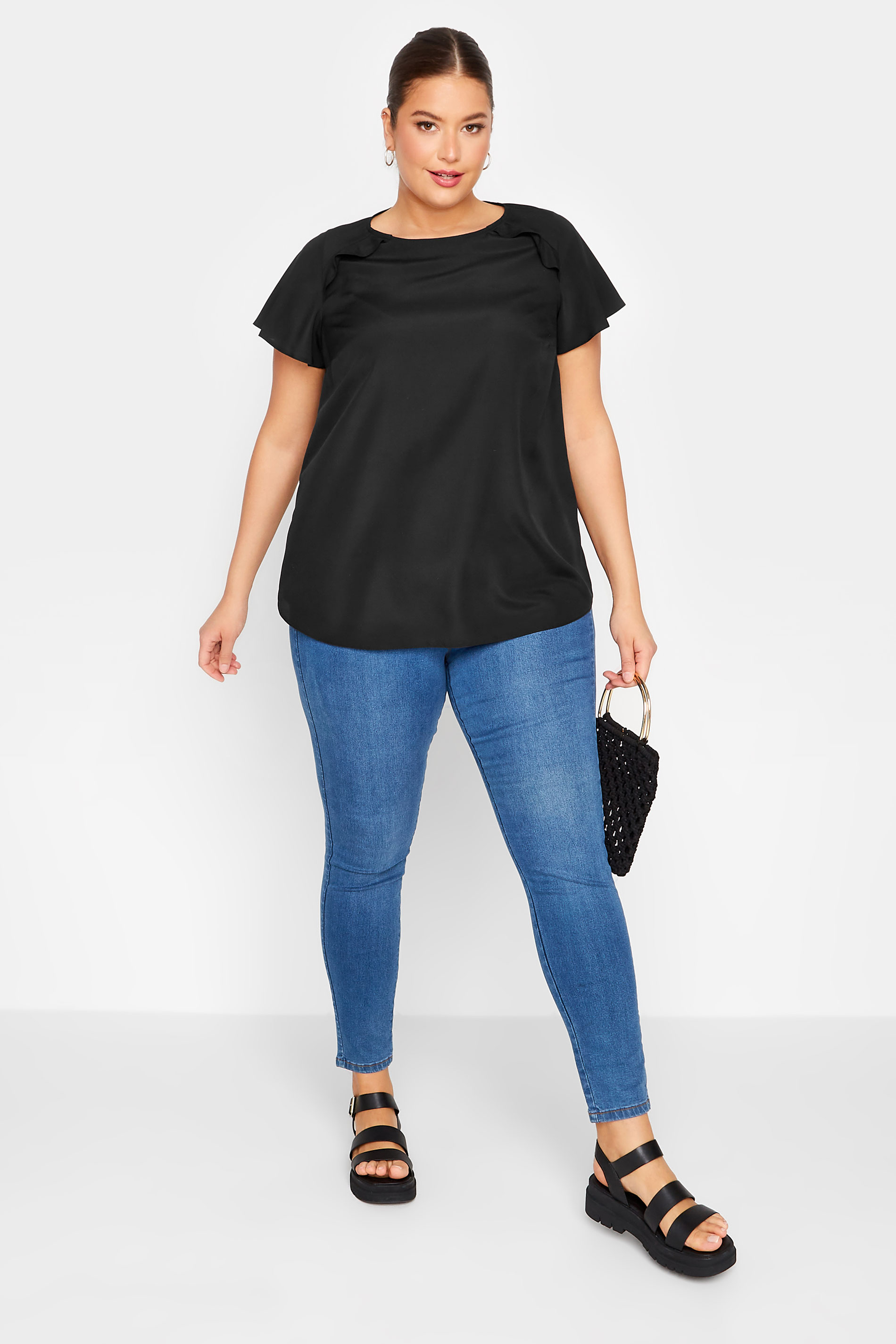 YOURS Plus Size Black Frill Short Sleeve Blouse | Yours Clothing 2
