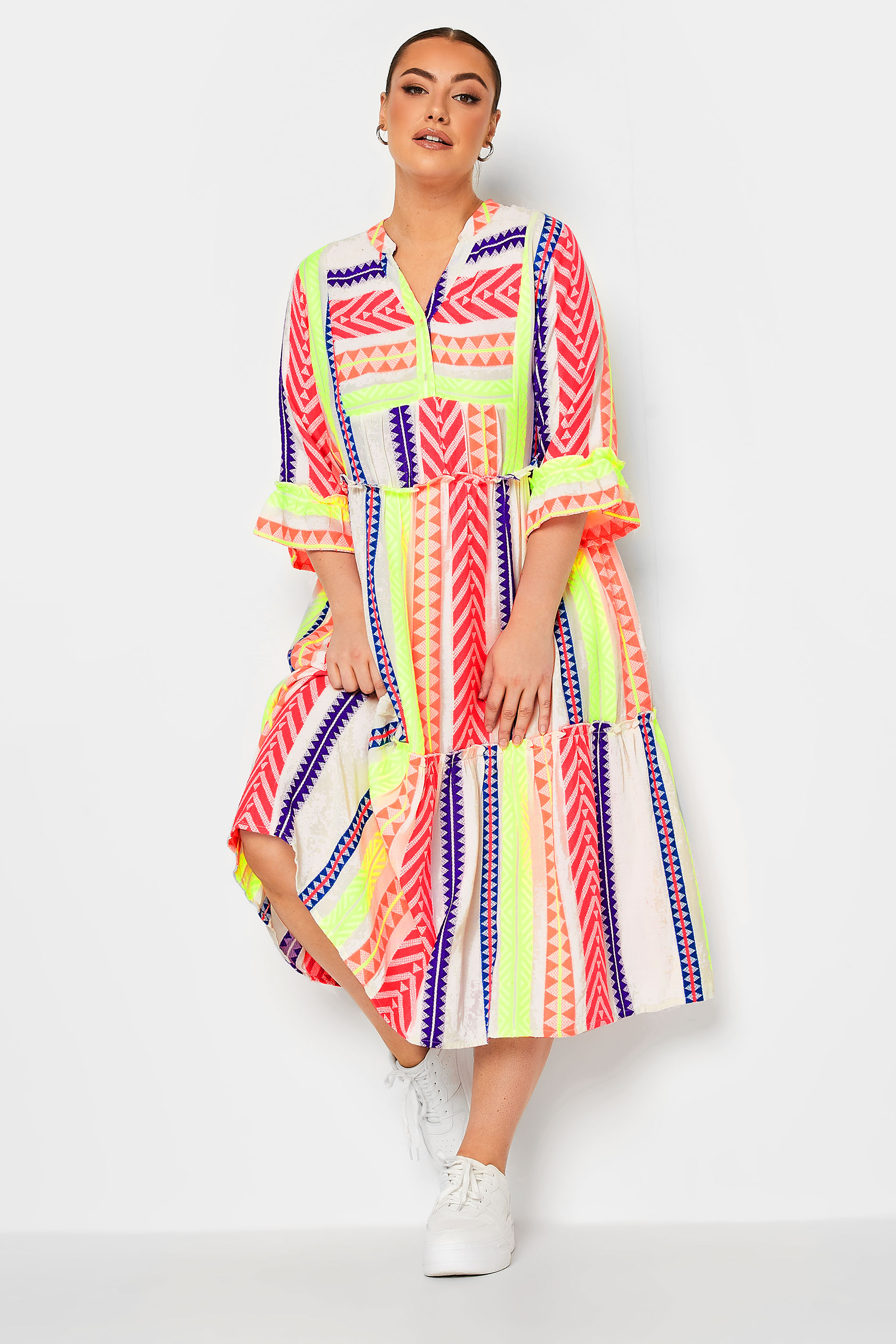 LIMITED COLLECTION Plus Size Neon White Aztec Print Smock Midi Dress | Yours Clothing 2