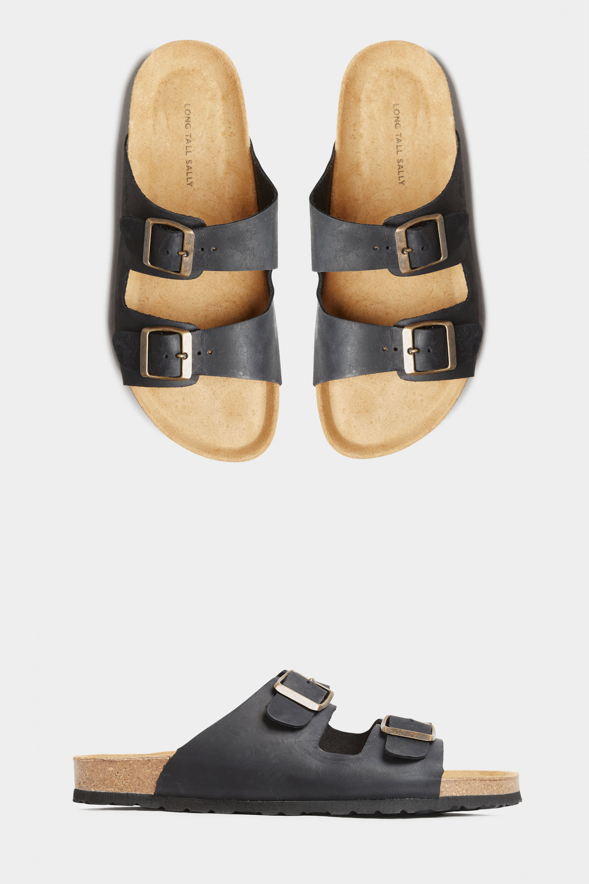 Grande taille  Sandals Grande taille  Flat Sandals | LTS Black Leather Two Buckle Footbed Sandals In Standard D Fit - EL86691