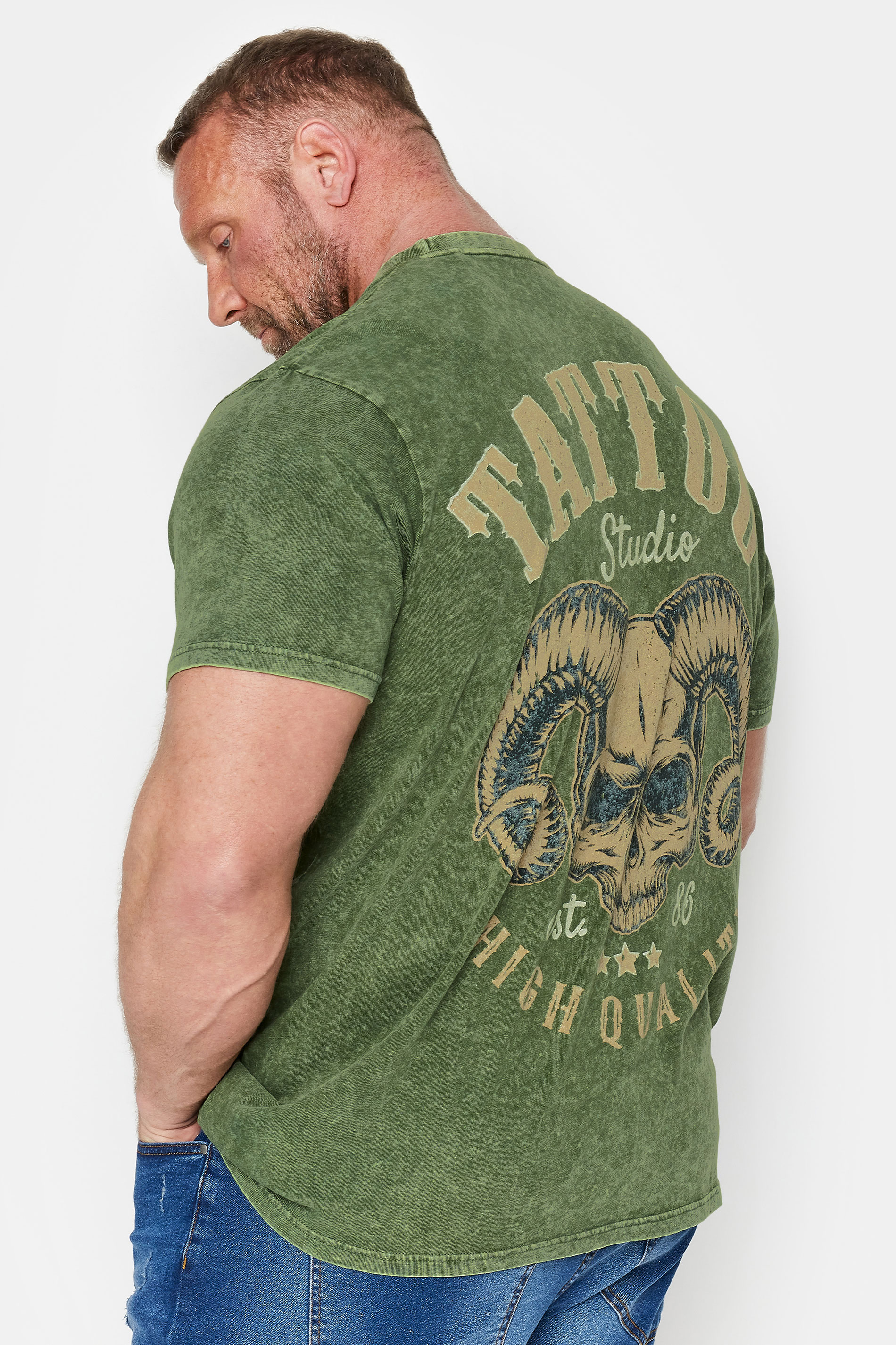 BadRhino Big & Tall Khaki Green Acid Wash 'Tattoo Studio' Print T-Shirt | BadRhino 2