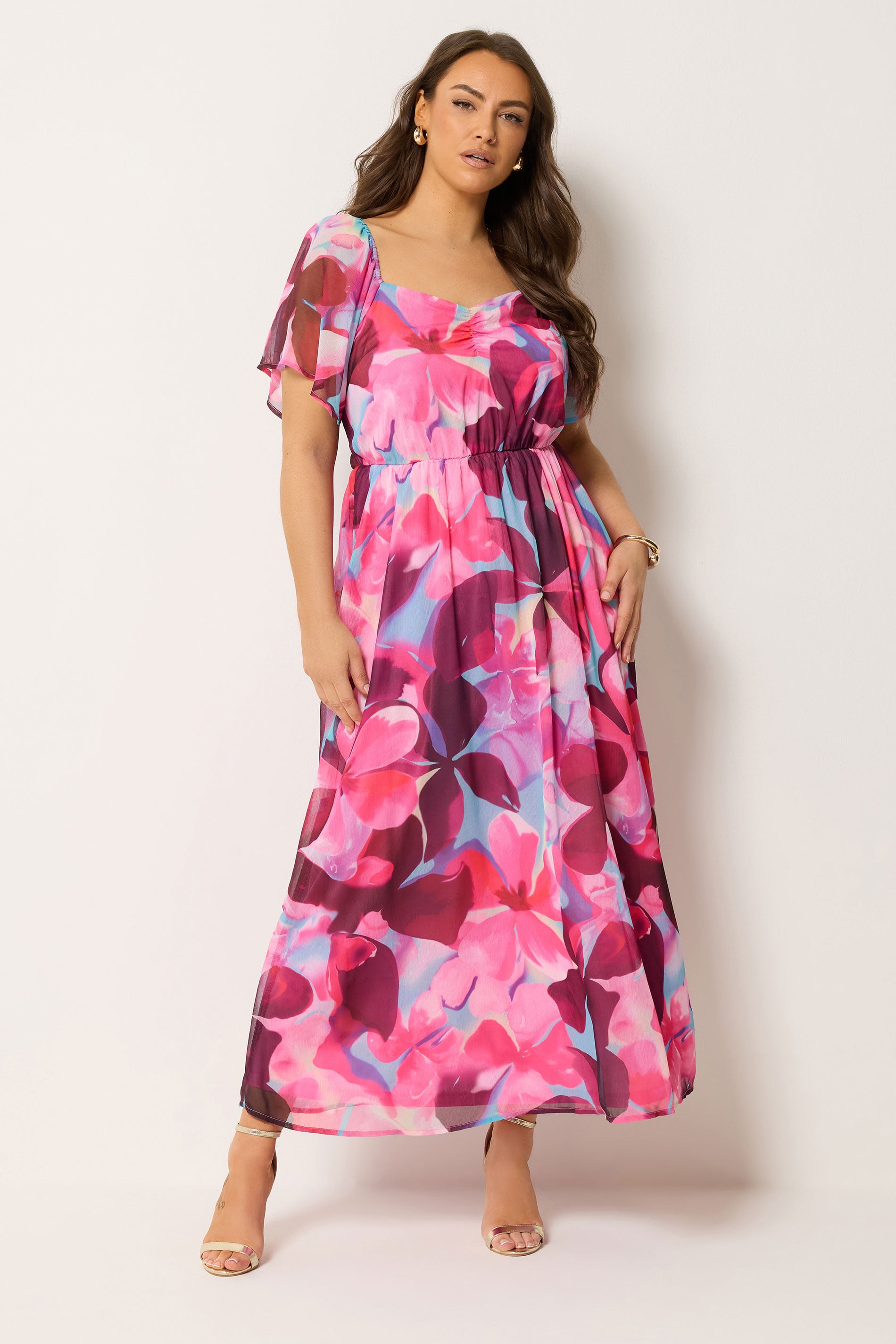 YOURS Plus Size Pink Floral Angel Sleeve Dress | Yours Clothing 2