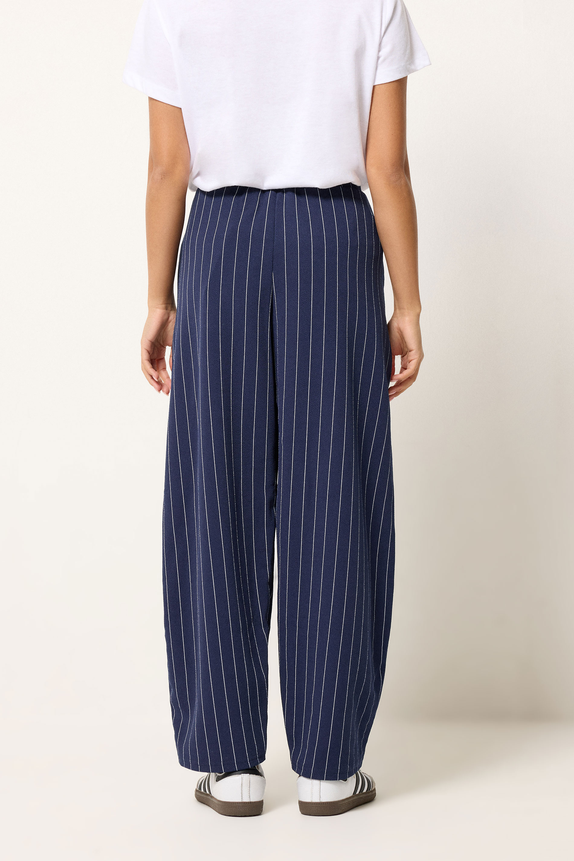 PixieGirl Petite Womens Navy Blue Stripe Barrel Leg Trousers | PixieGirl 2
