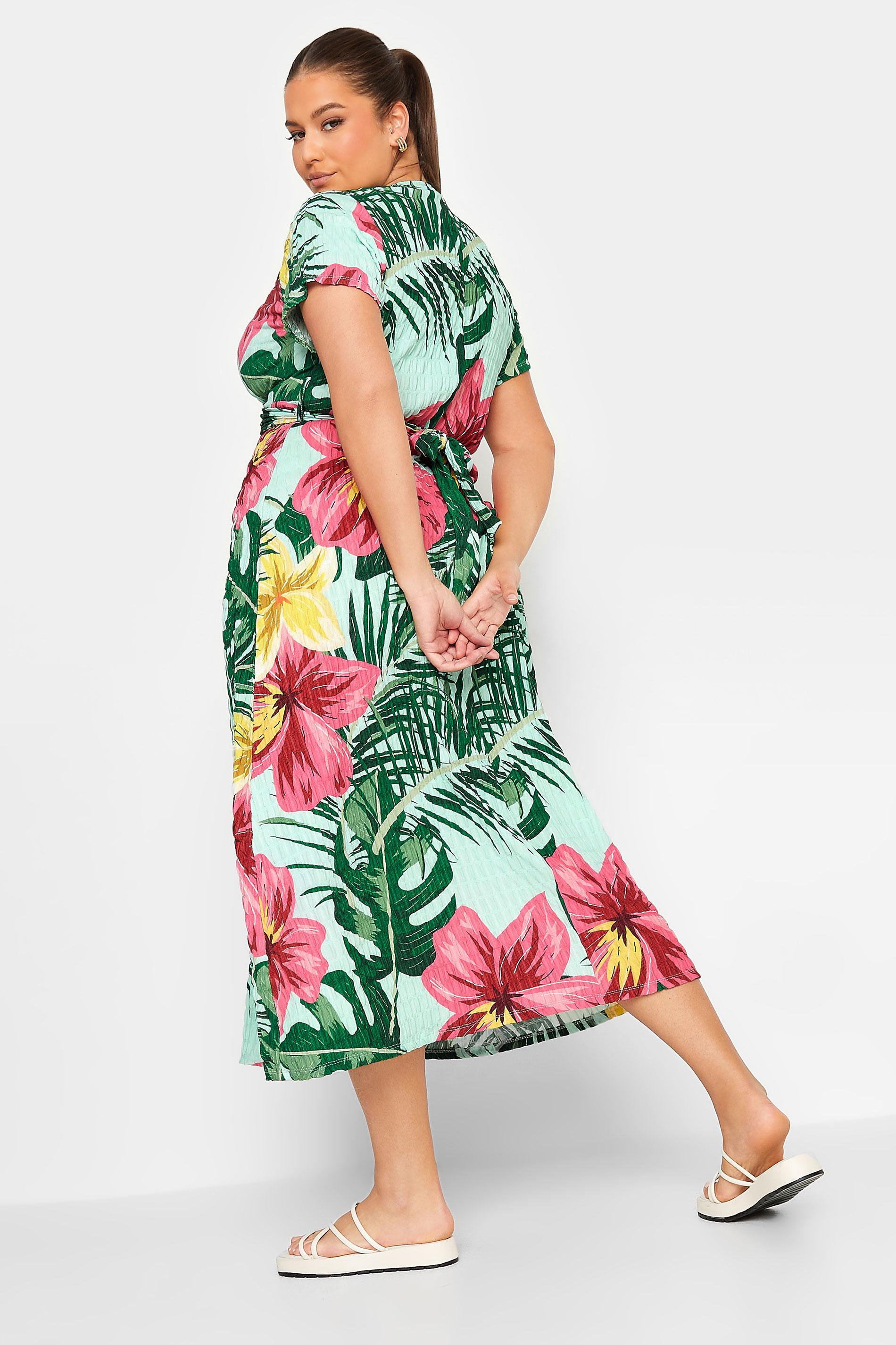 YOURS Curve Plus Size Green & Pink Tropical Floral Print Wrap Dress | Yours Clothing 3