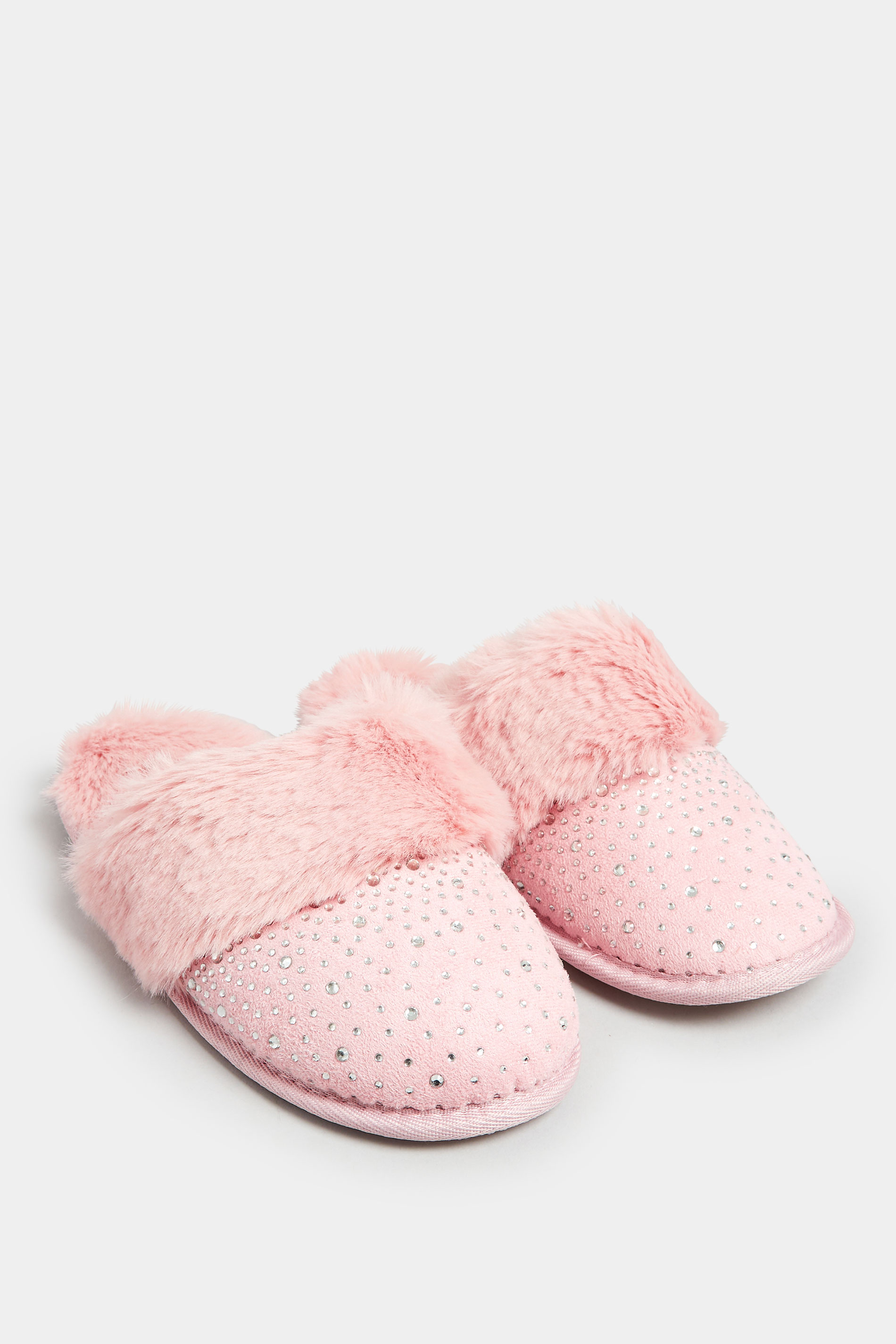 Pink Diamante Faux Fur Slippers In Wide E Fit | Yours Clothing 2