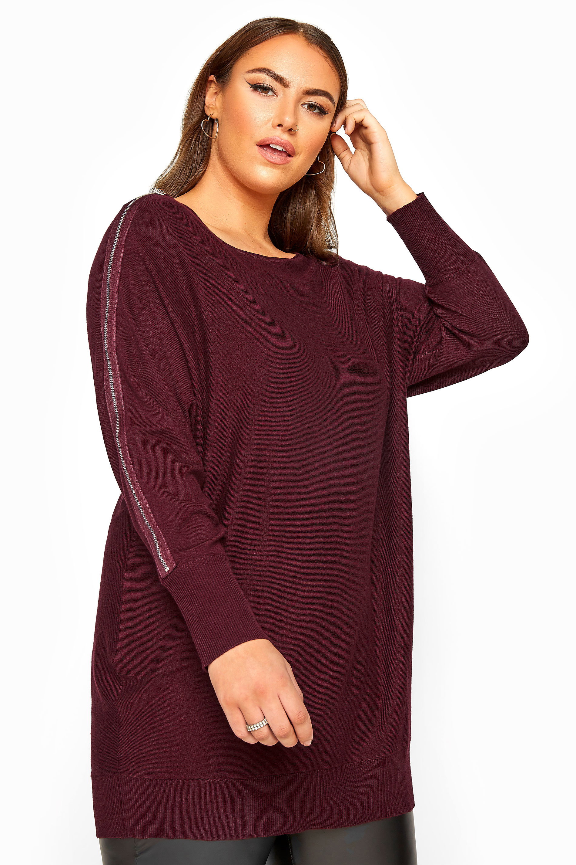 Burgundy Zip Sleeve Knitted Jumper 