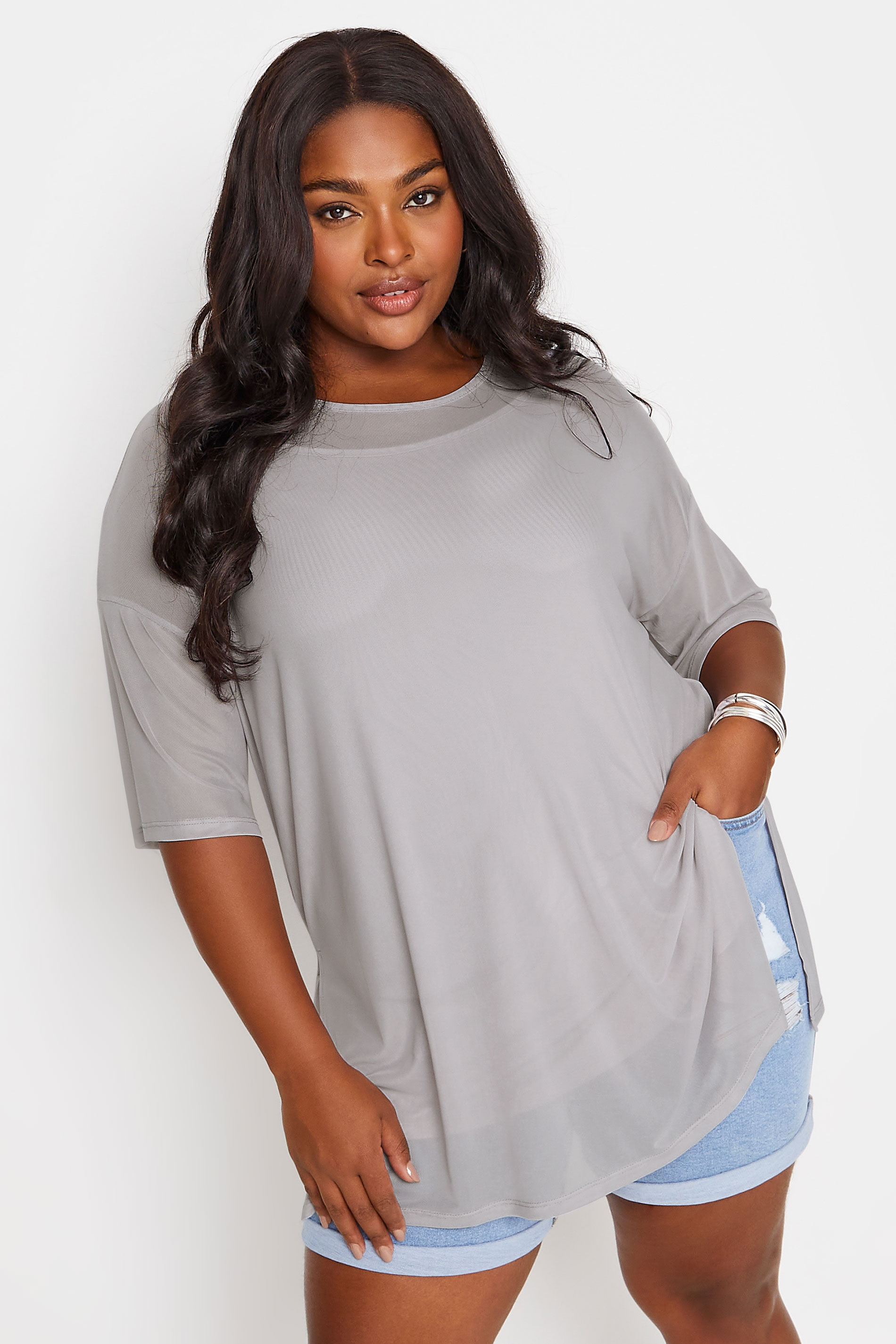 YOURS Plus Size Grey Oversized Mesh Top | Yours Clothing 1