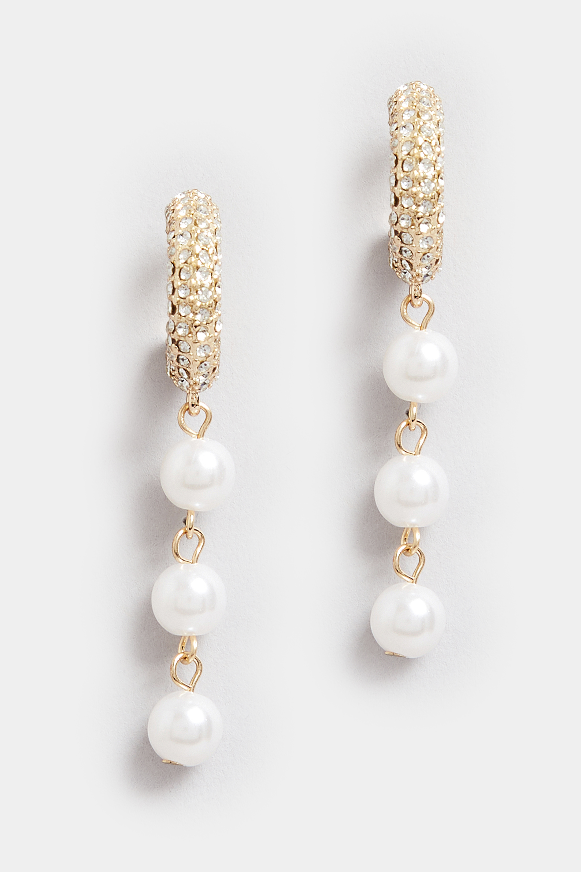 Gold Tone Diamante & Pearl Drop Earrings | Yours Clothing 2