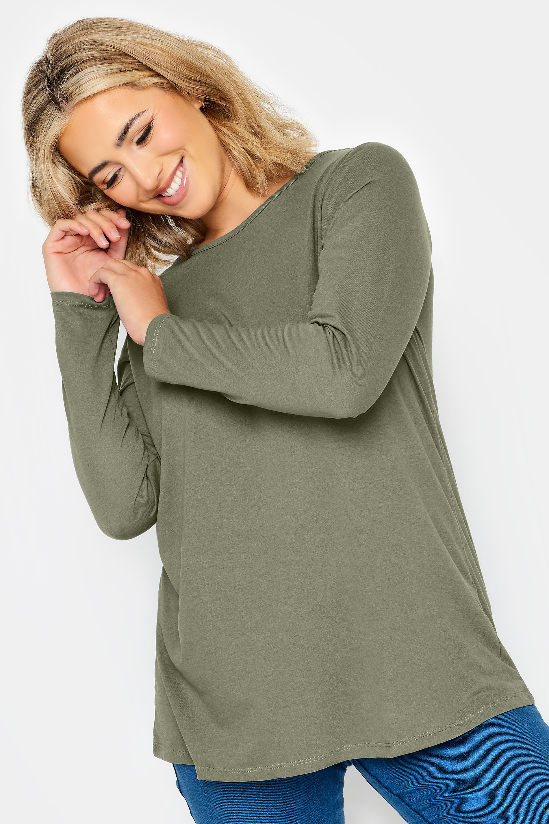 Plus Size Khaki Green Long Sleeve T-Shirt | Yours Clothing 2