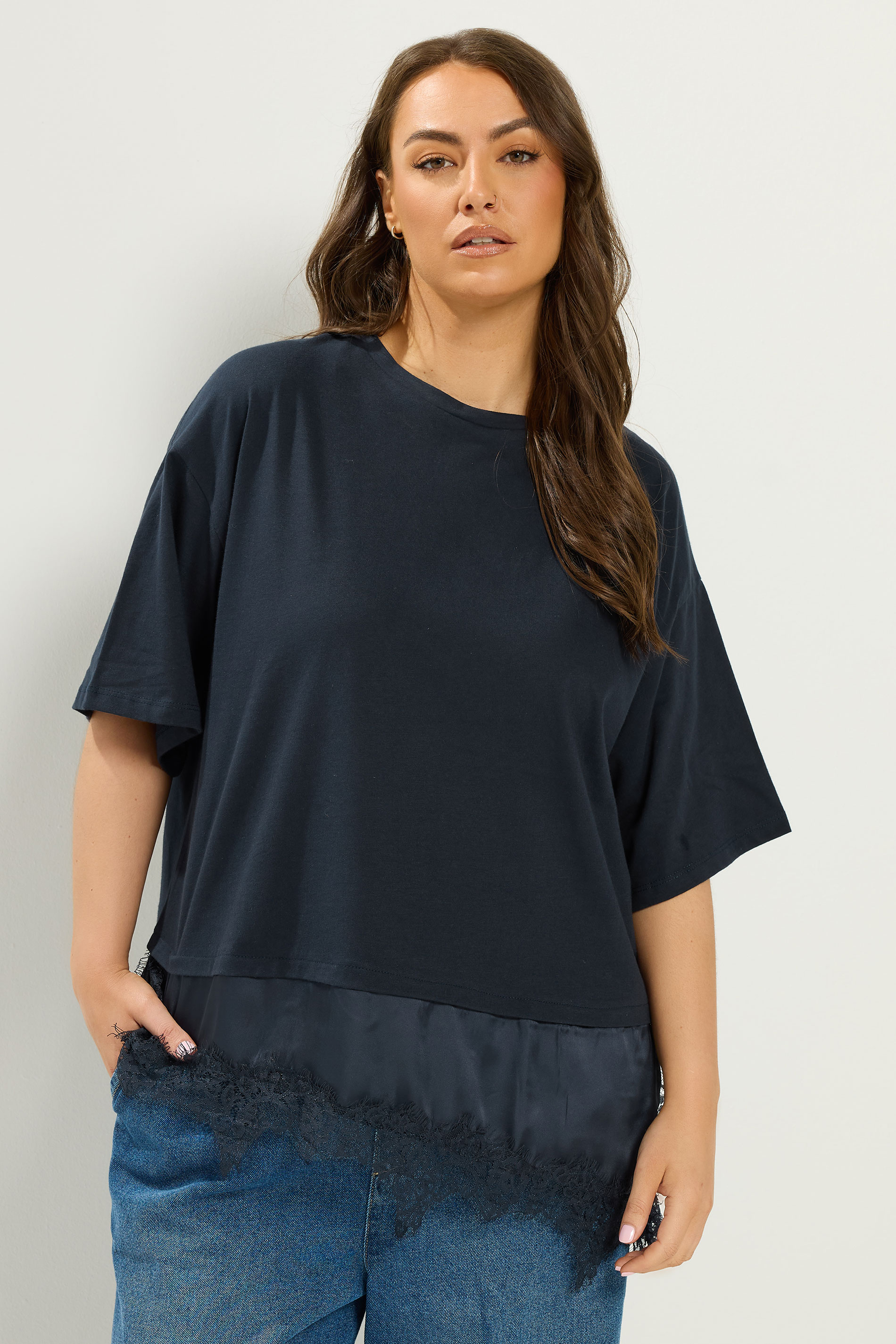 YOURS Plus Size Navy Blue Satin Lace Trim T-Shirt | Yours Clothing 3