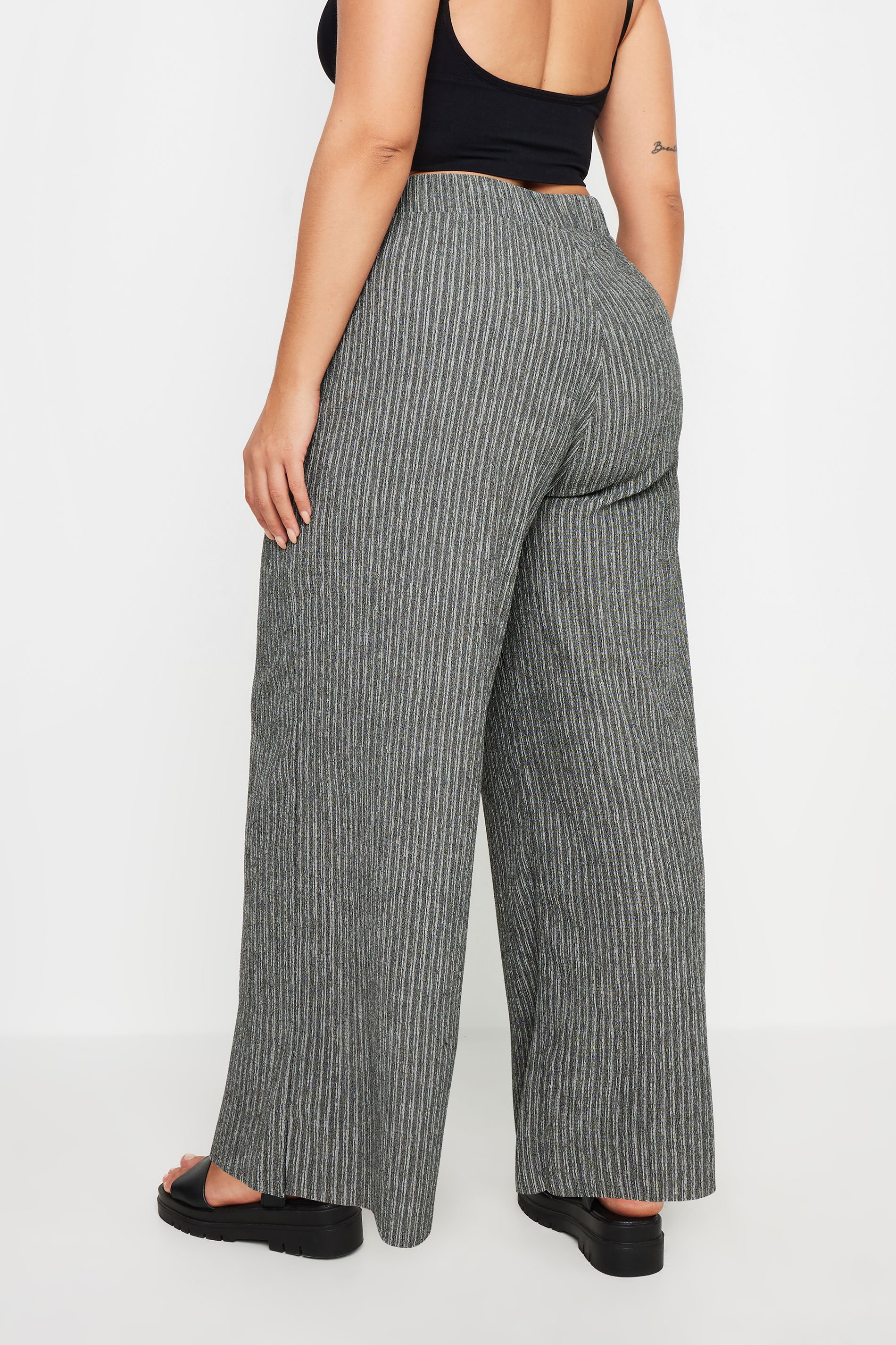 YOURS Plus Size Grey Stripe Print Textured Wide Leg Trousers | Yours ...