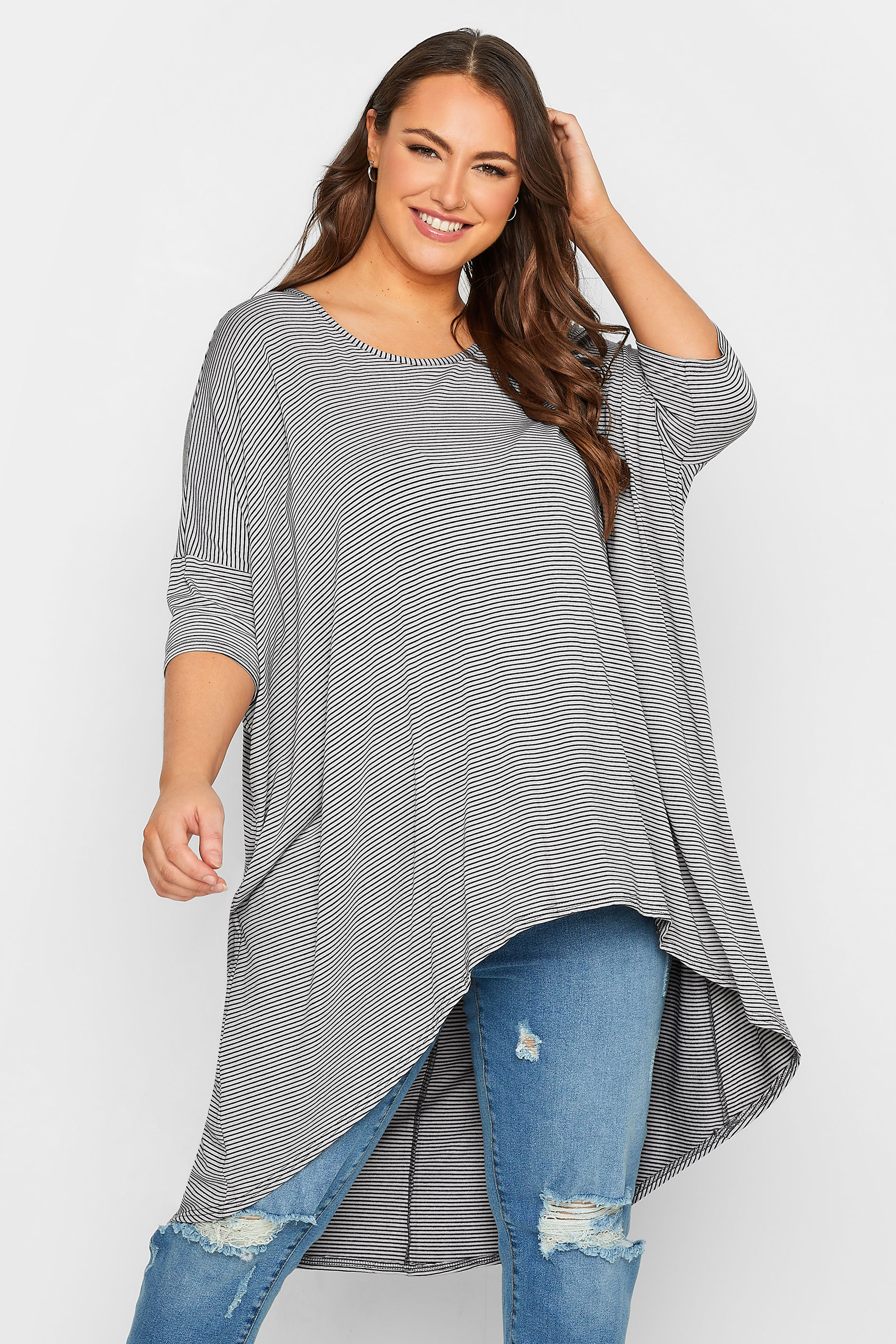 YOURS Plus Size Black & White Stripe Dipped Hem Tunic Top | Yours Clothing 1