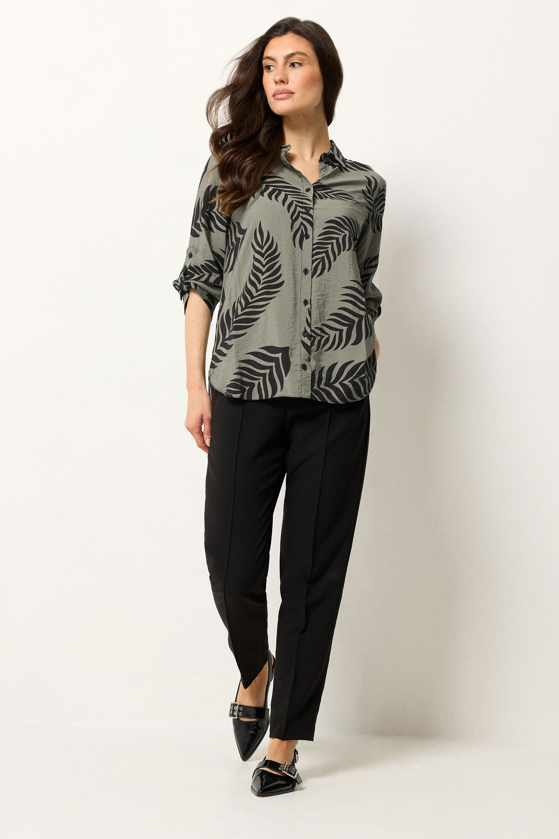 M&Co Green Palm Leaf Tab Sleeve Shirt | M&Co 1