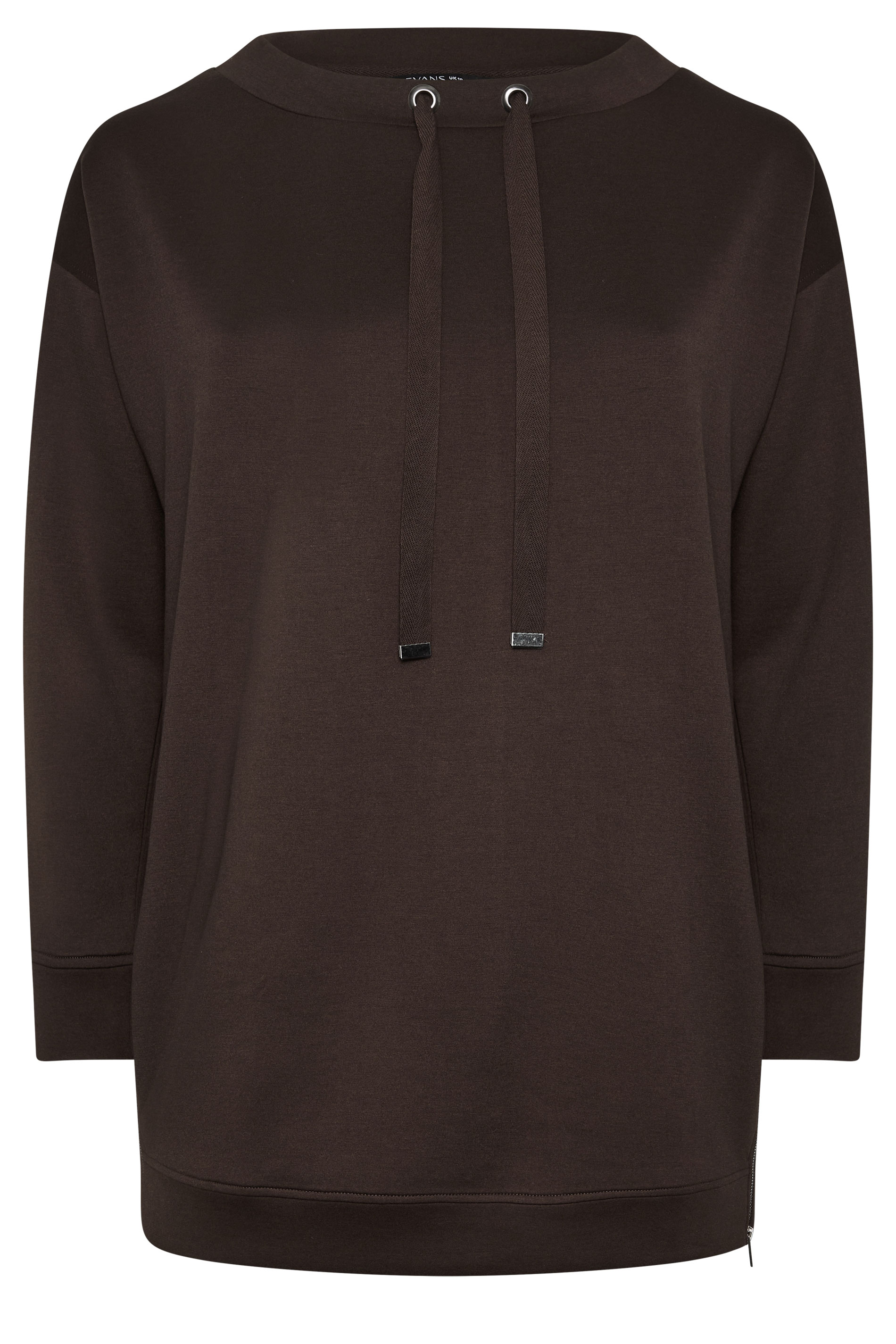 EVANS Plus Size Chocolate Brown Luxe Zip Detail Sweatshirt | Evans 1